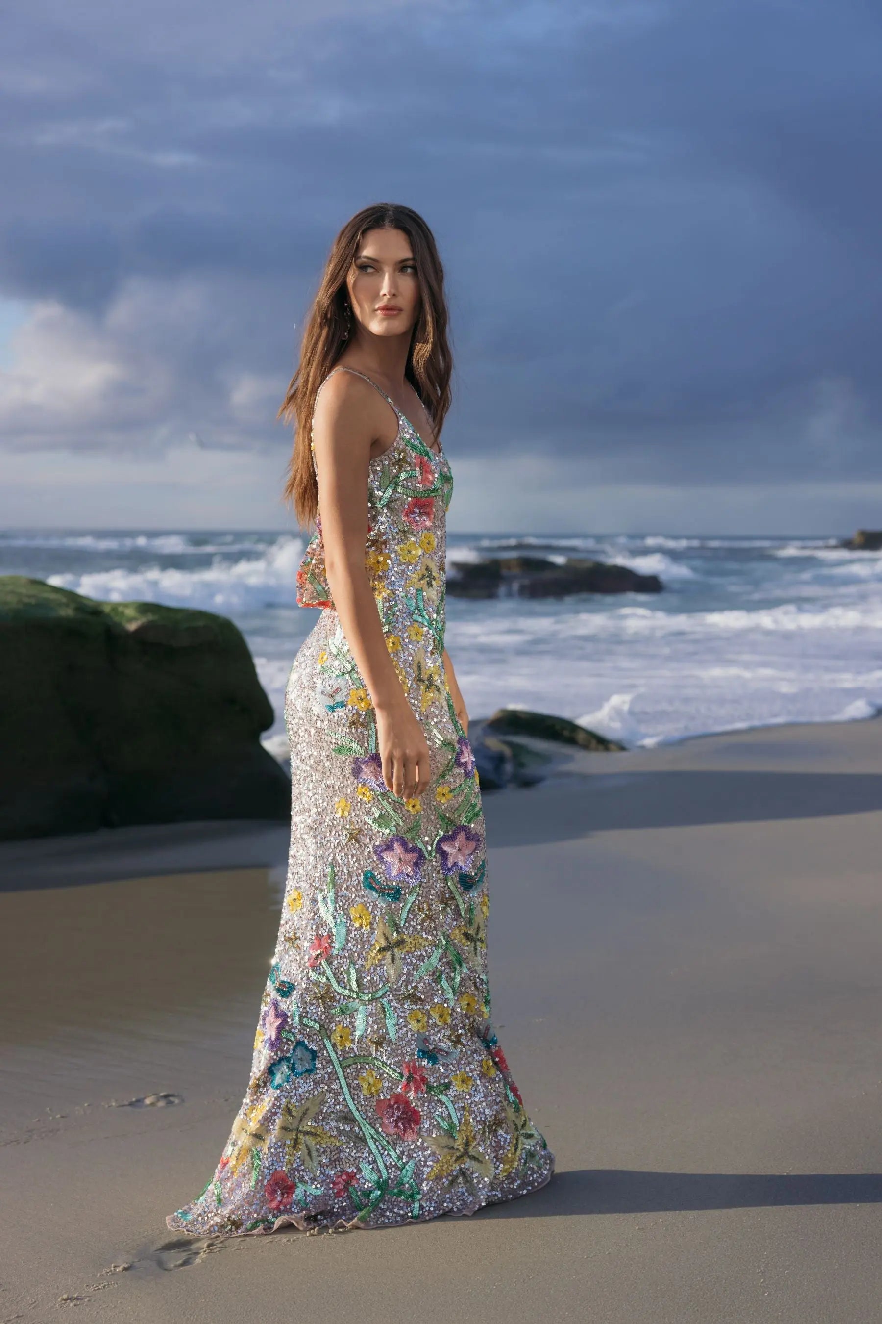 Silver Embellished Sleeveless Cowl Back Gown - Mac Duggal