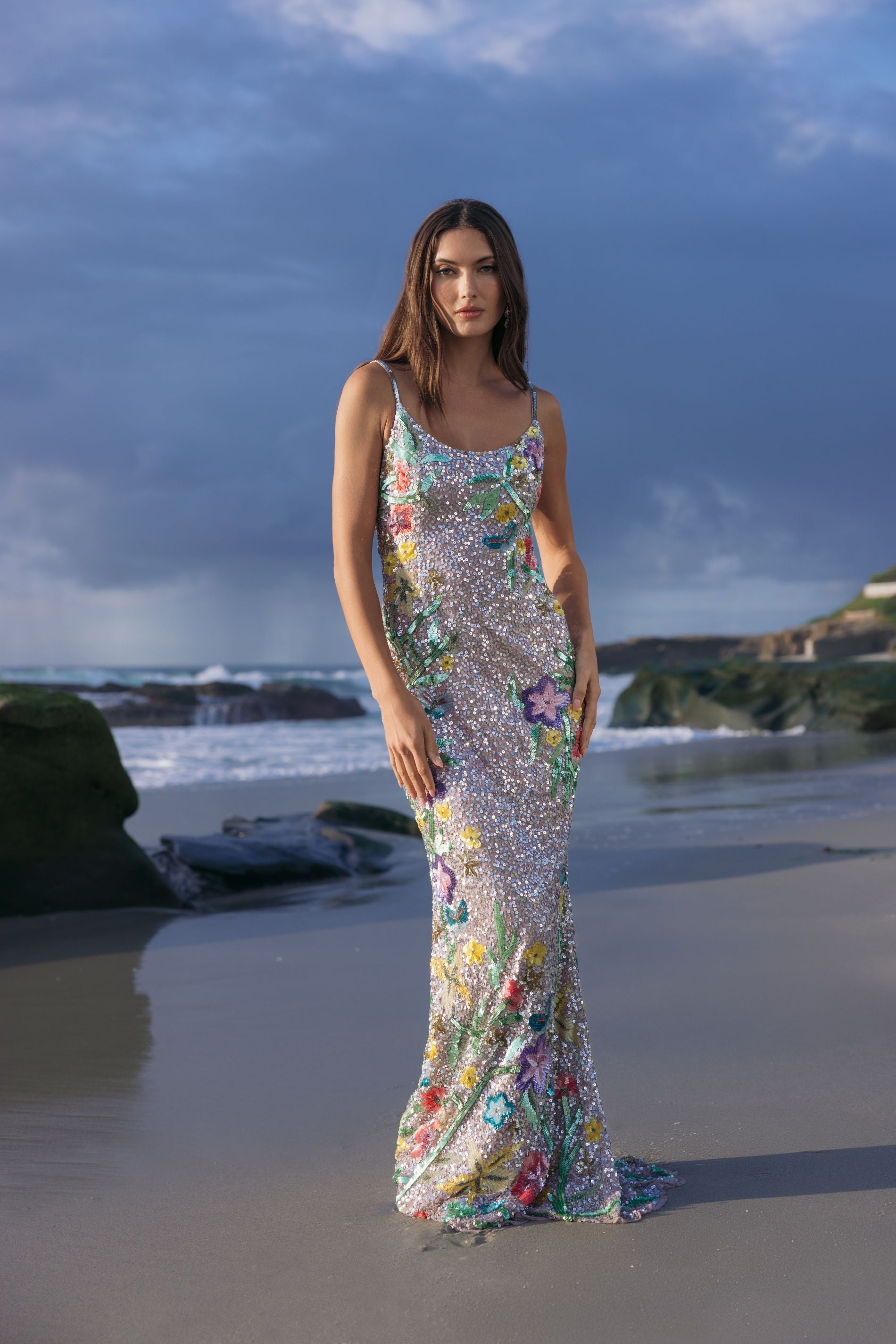 Silver Embellished Sleeveless Cowl Back Gown - Mac Duggal