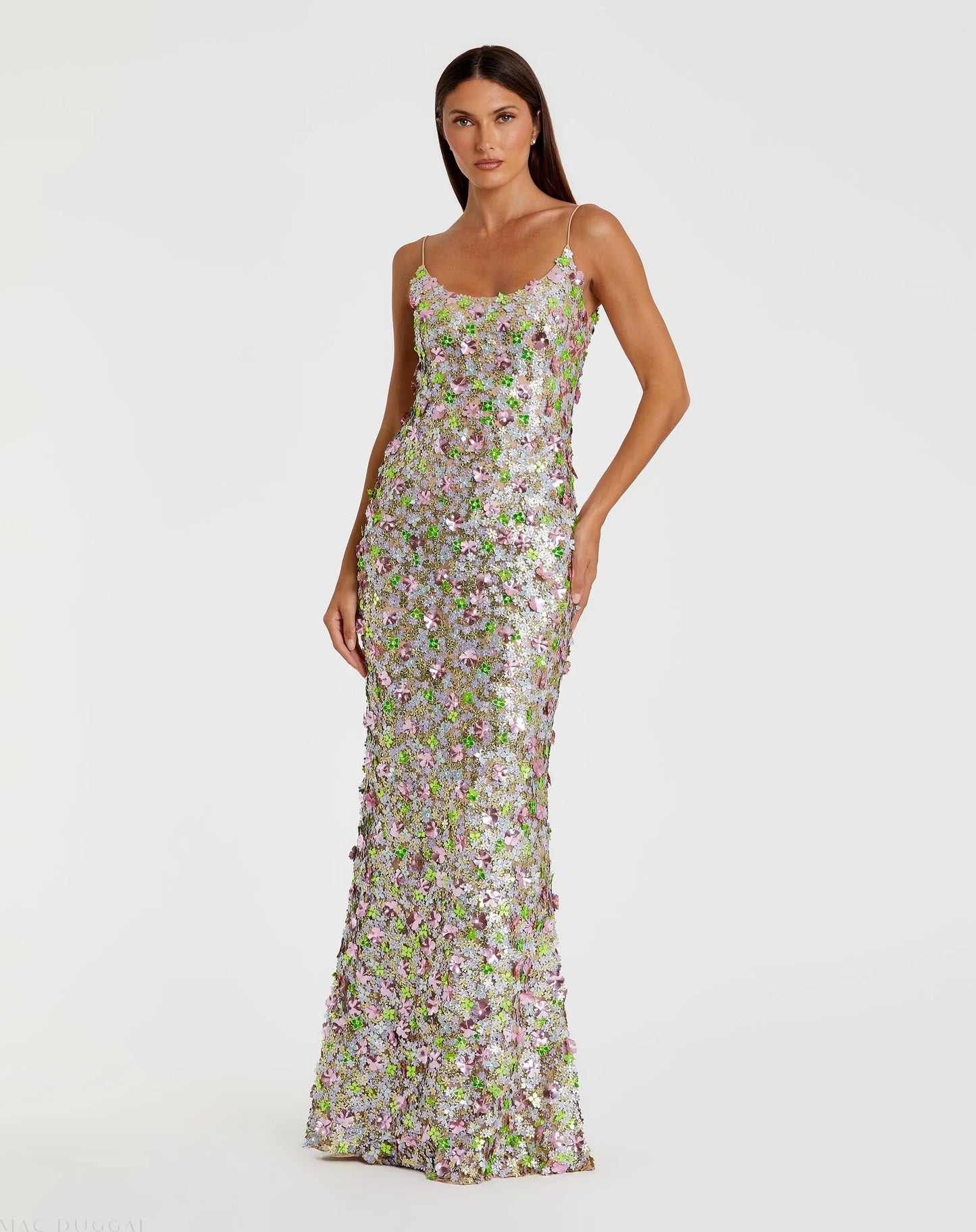 Multicolor Sleeveless Floral Paillette Embellished Mesh Gown - Mac Duggal