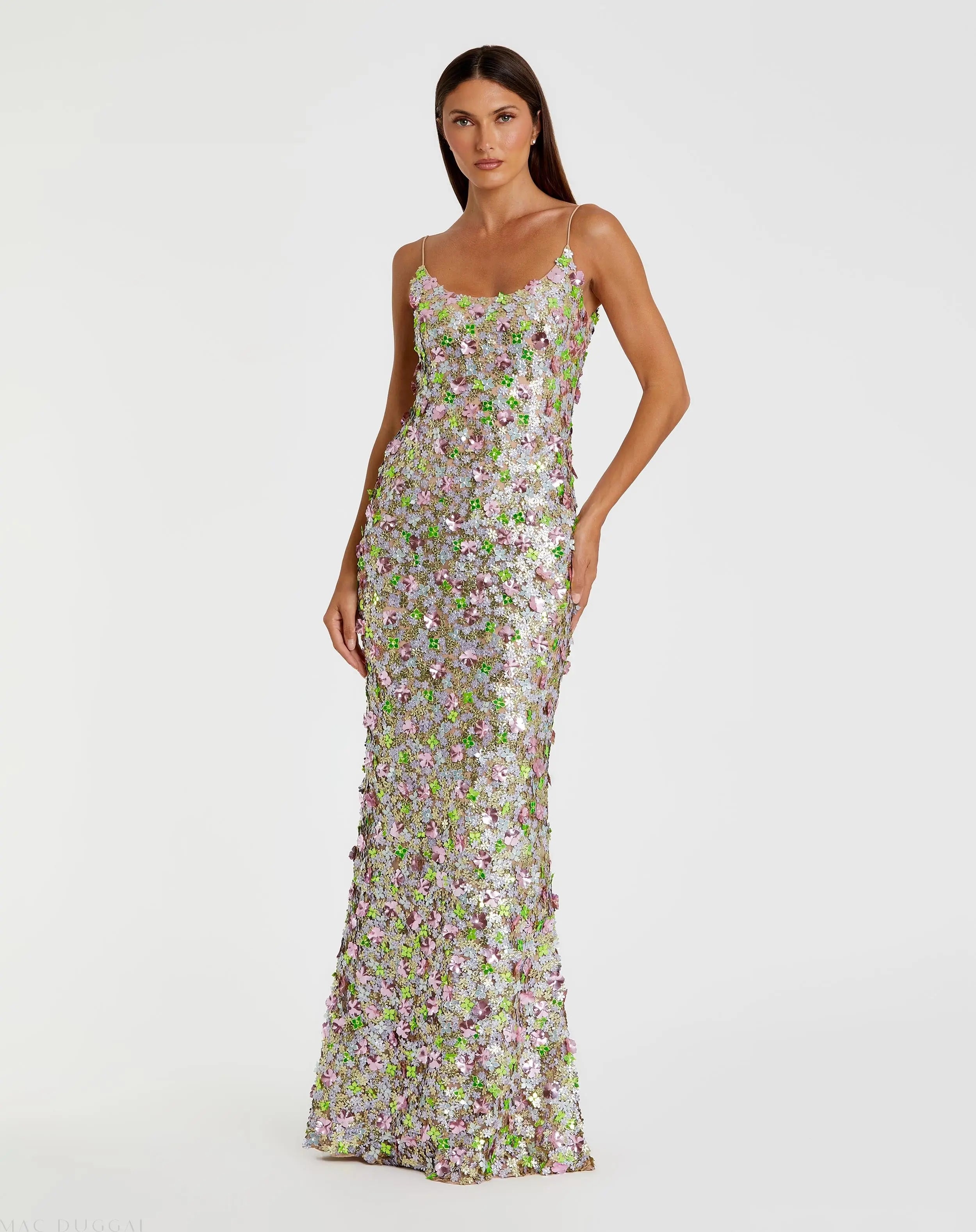 Multicolor Sleeveless Floral Paillette Embellished Mesh Gown - Mac Duggal