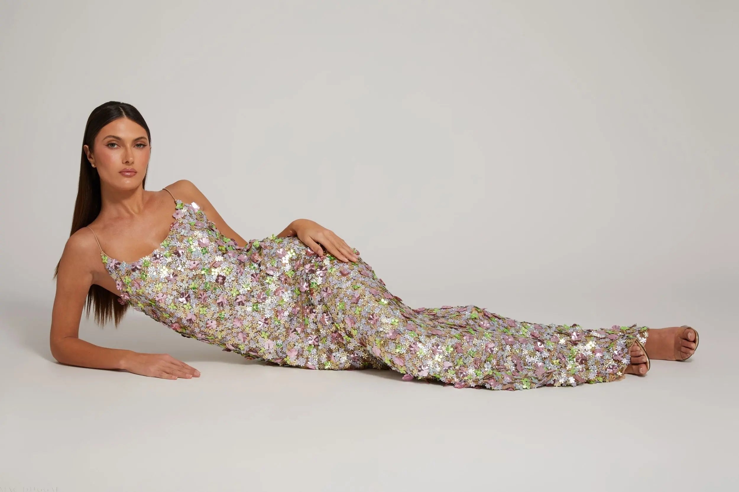 Multicolor Sleeveless Floral Paillette Embellished Mesh Gown Mac Duggal