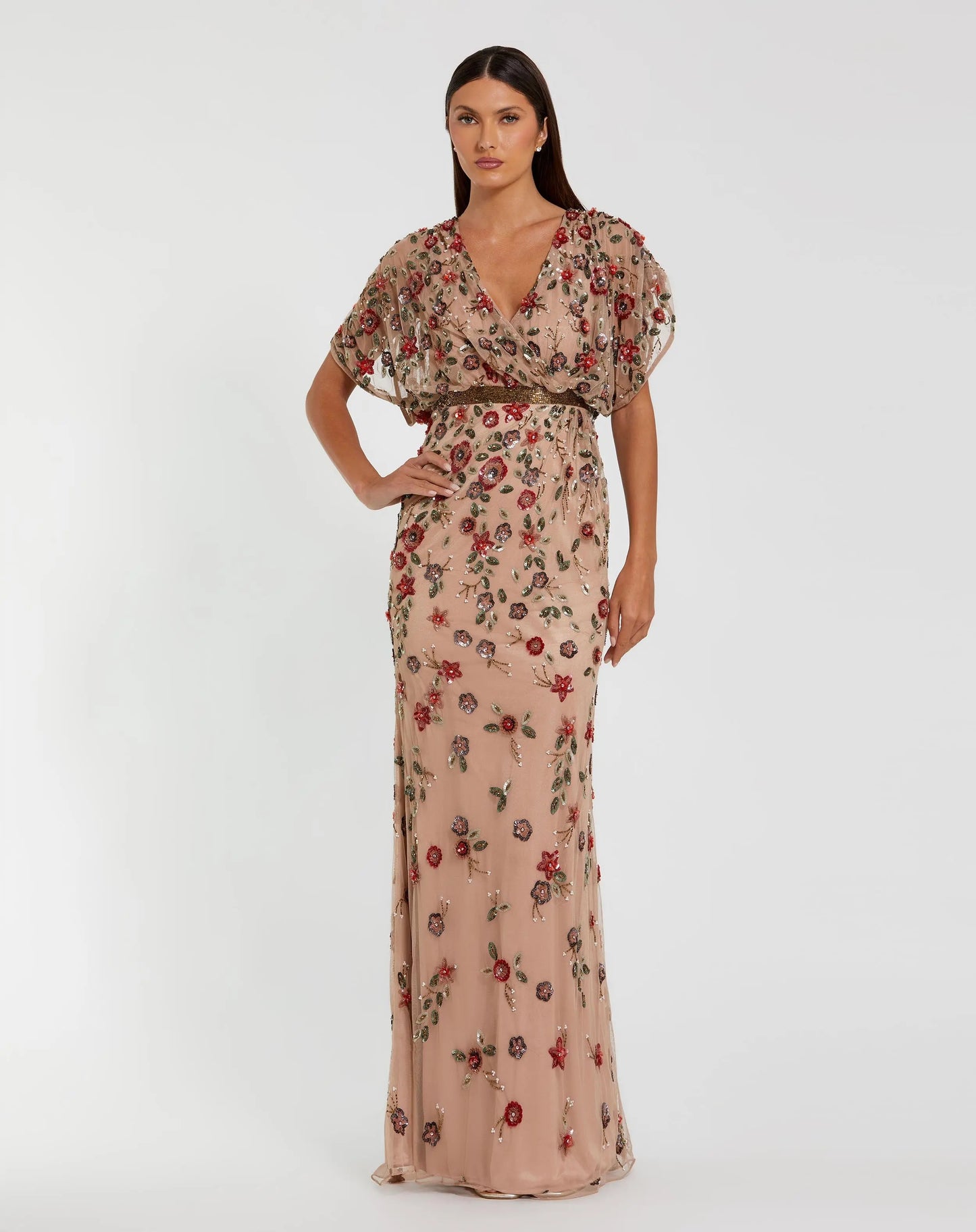 Beige Floral Embellished Short Sleeve Blouson Gown - Mac Duggal