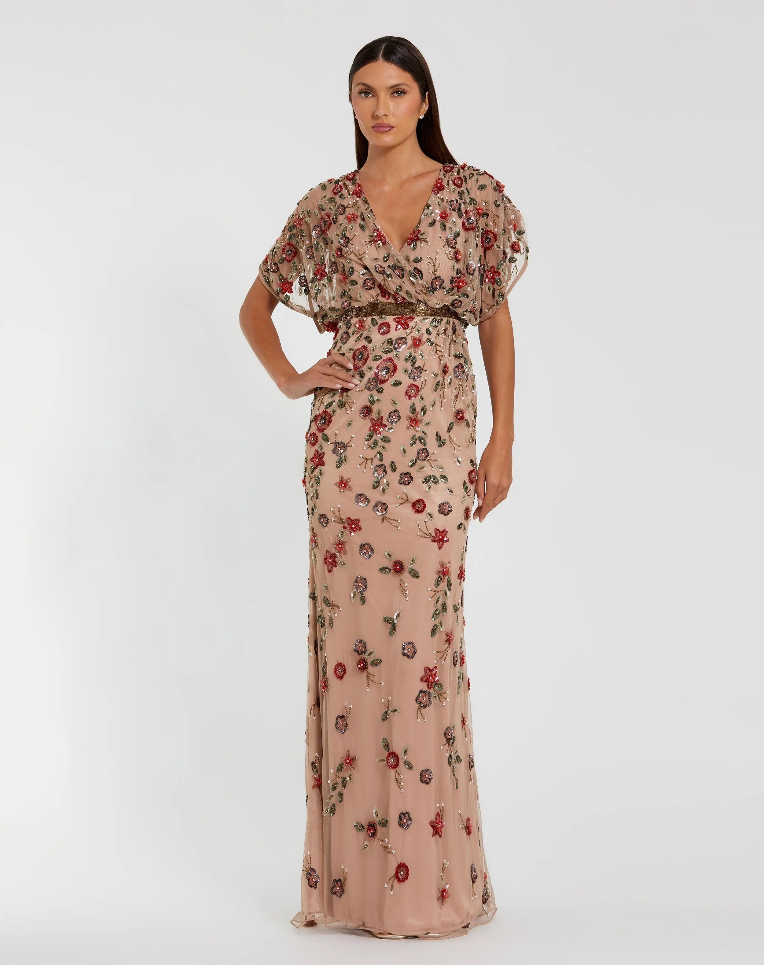 Beige Floral Embellished Short Sleeve Blouson Gown - Mac Duggal