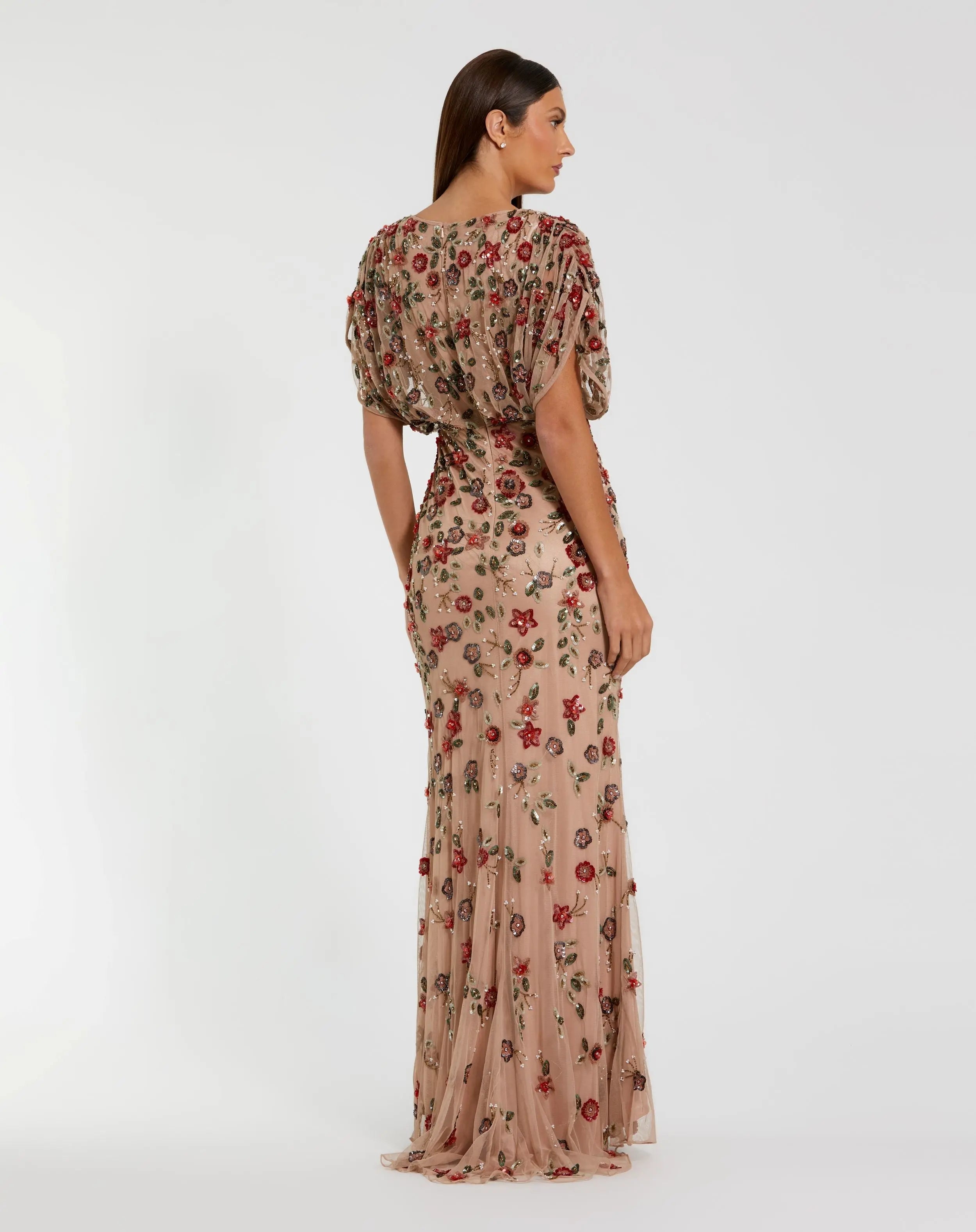 Beige Floral Embellished Short Sleeve Blouson Gown - Mac Duggal