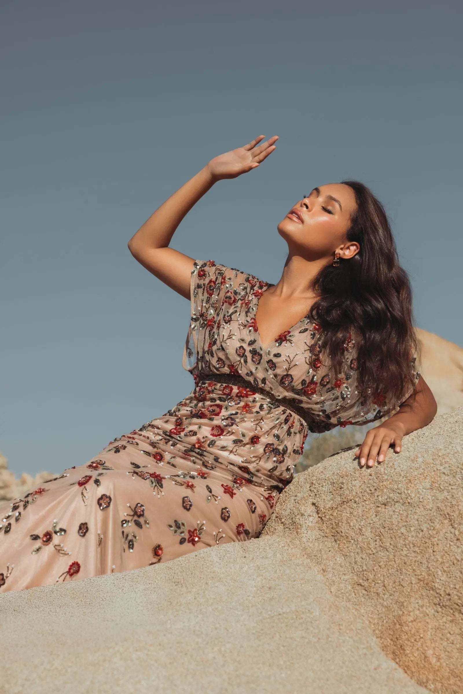 Beige Floral Embellished Short Sleeve Blouson Gown - Mac Duggal