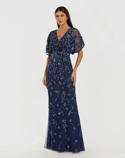 Navy Floral Embellished Short Sleeve Blouson Gown - Mac Duggal