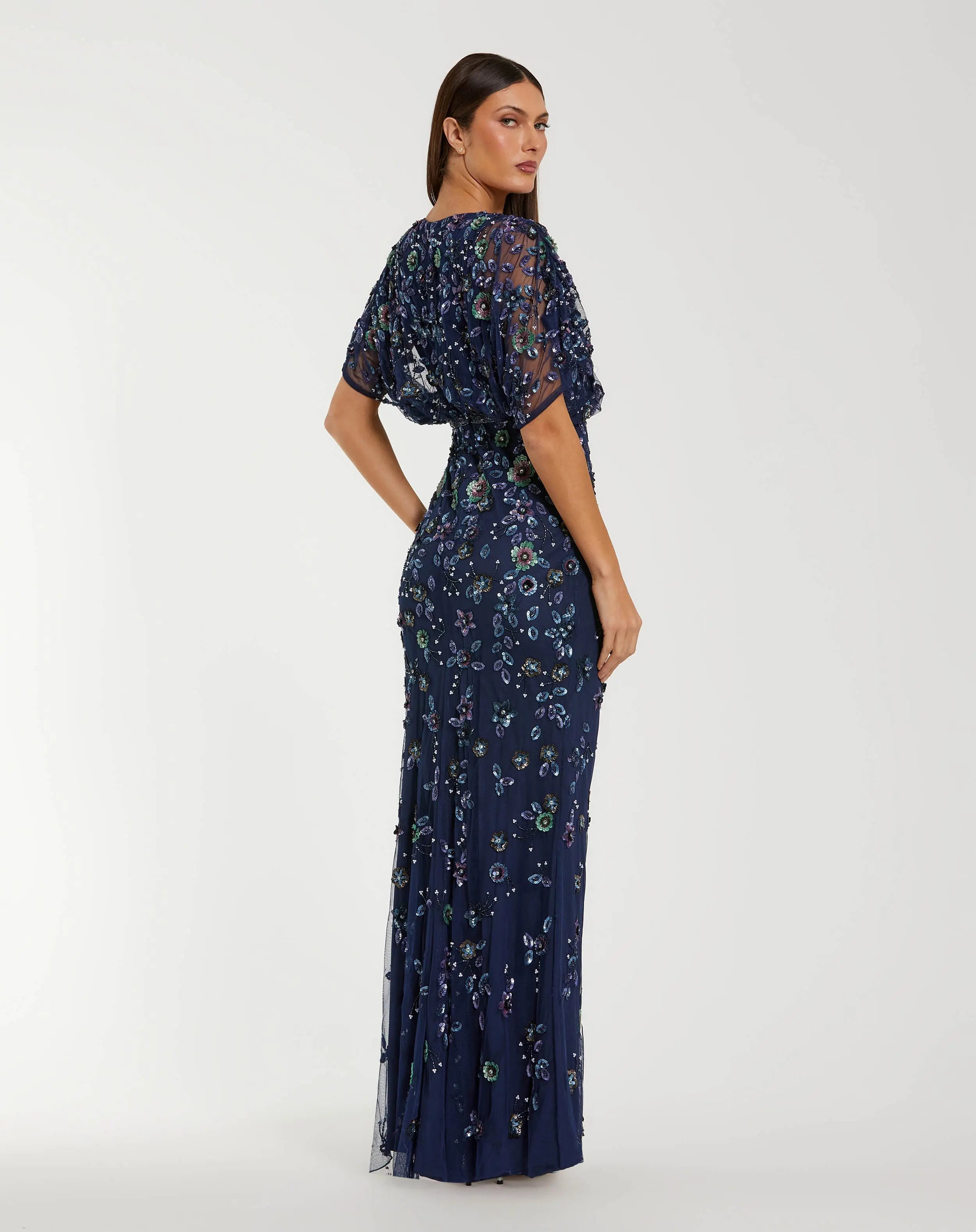 Navy Floral Embellished Short Sleeve Blouson Gown - Mac Duggal