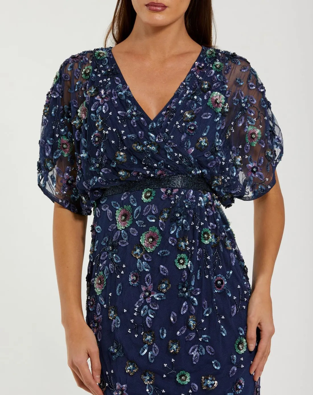 navy blue blouson dress Mac Duggal - Navy Floral Embellished Short Sleeve Blouson Gown
