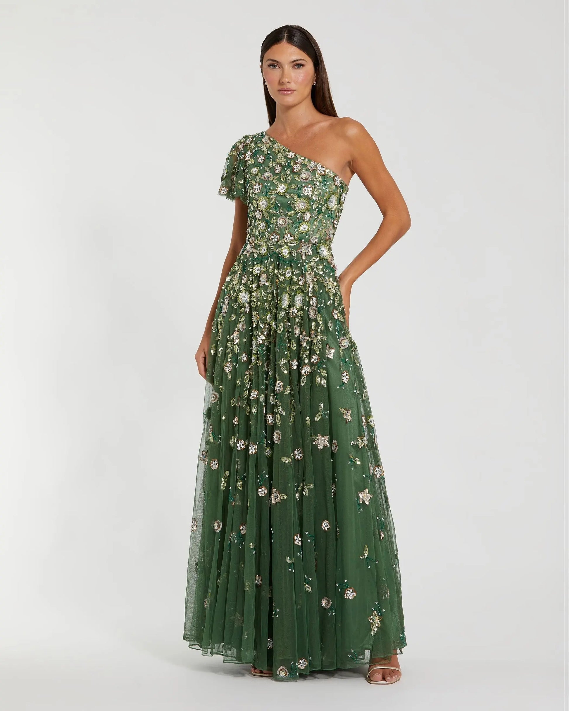 Green One Shoulder Embellished A Line Gown | Mac Duggal Green One Shoulder Embellished A Line Gown | Mac Duggal