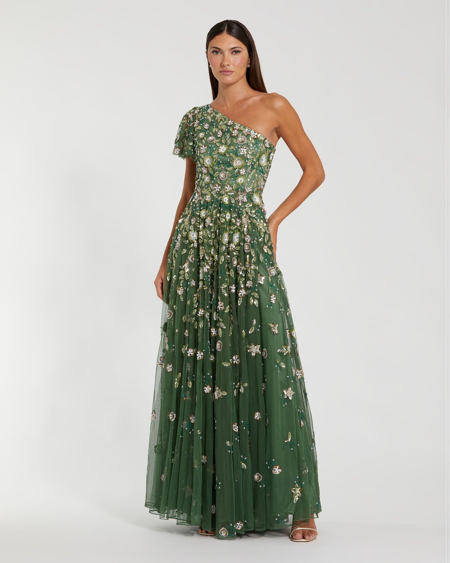 Green One Shoulder Embellished A Line Gown Mac Duggal