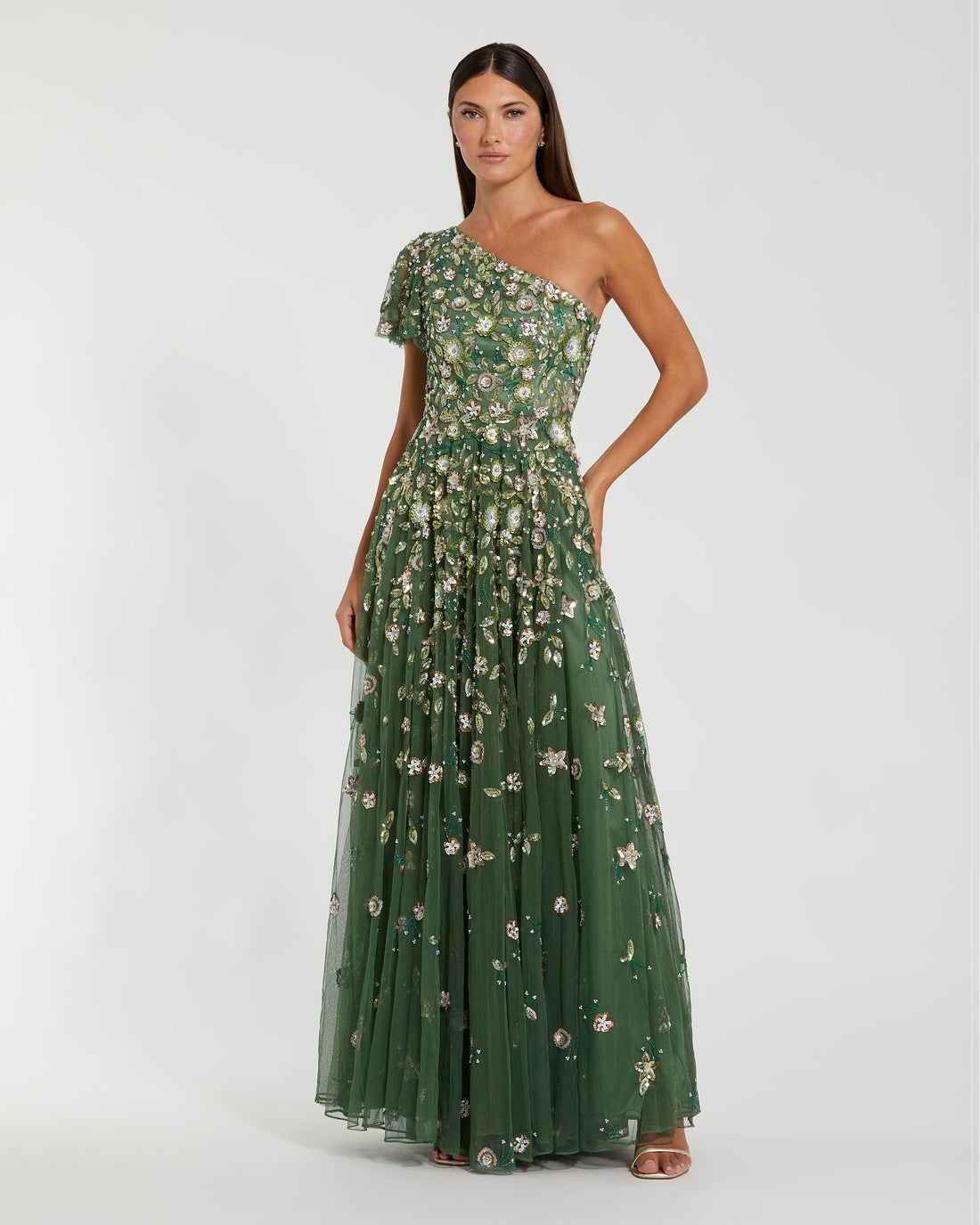 Green One Shoulder Embellished A Line Gown Mac Duggal