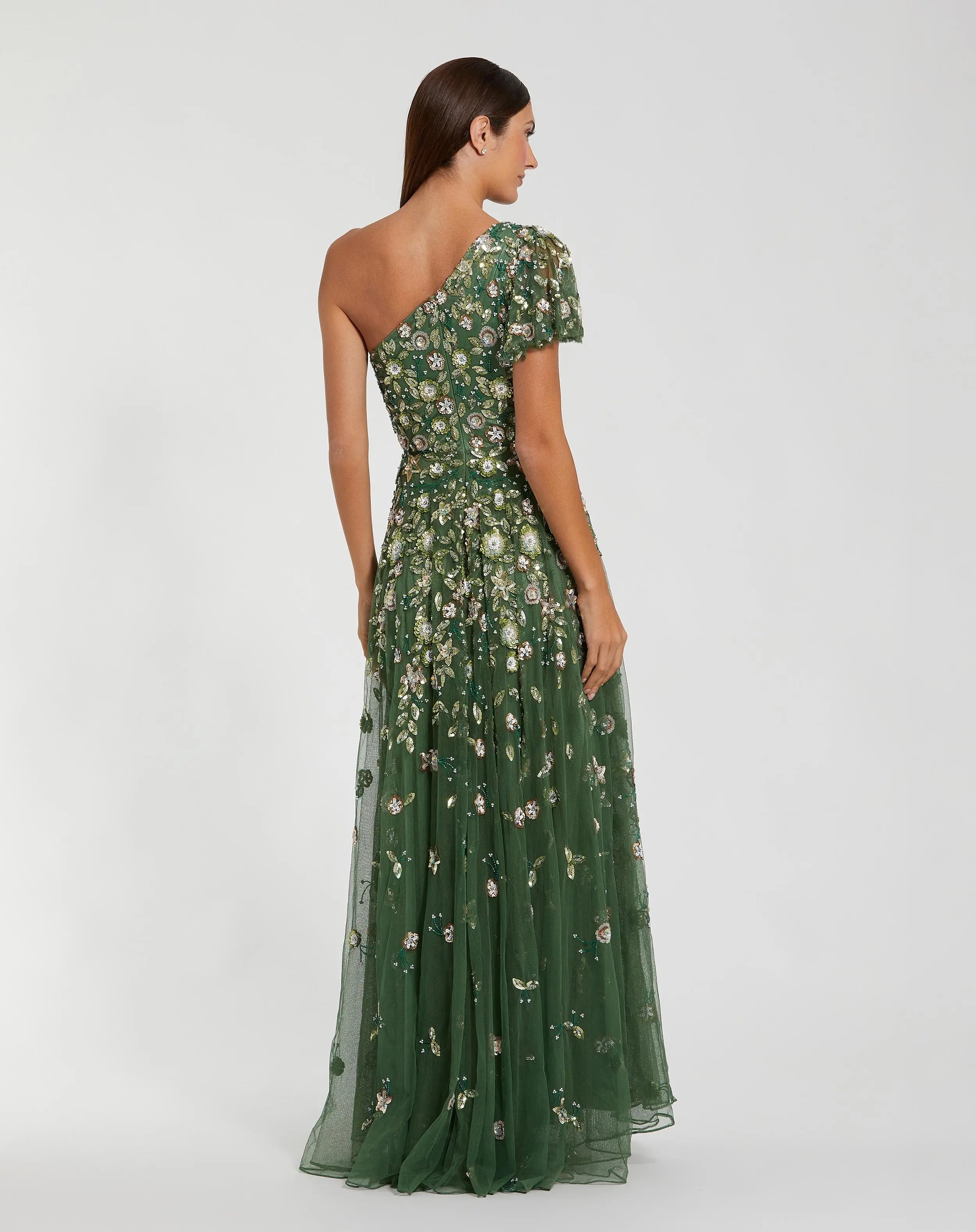 off shoulder dress with floral embellishment in frosted sage Green One Shoulder Embellished A Line Gown