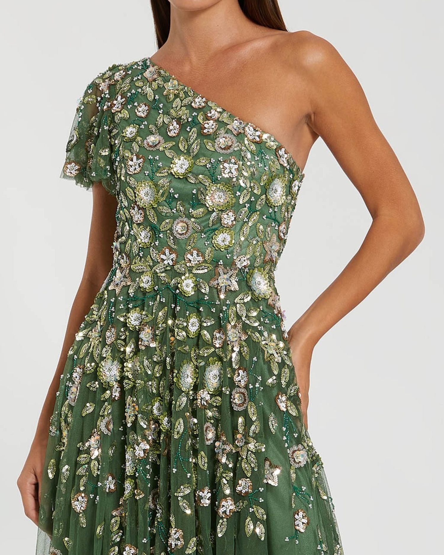 Green One Shoulder Embellished A Line Gown Mac Duggal
