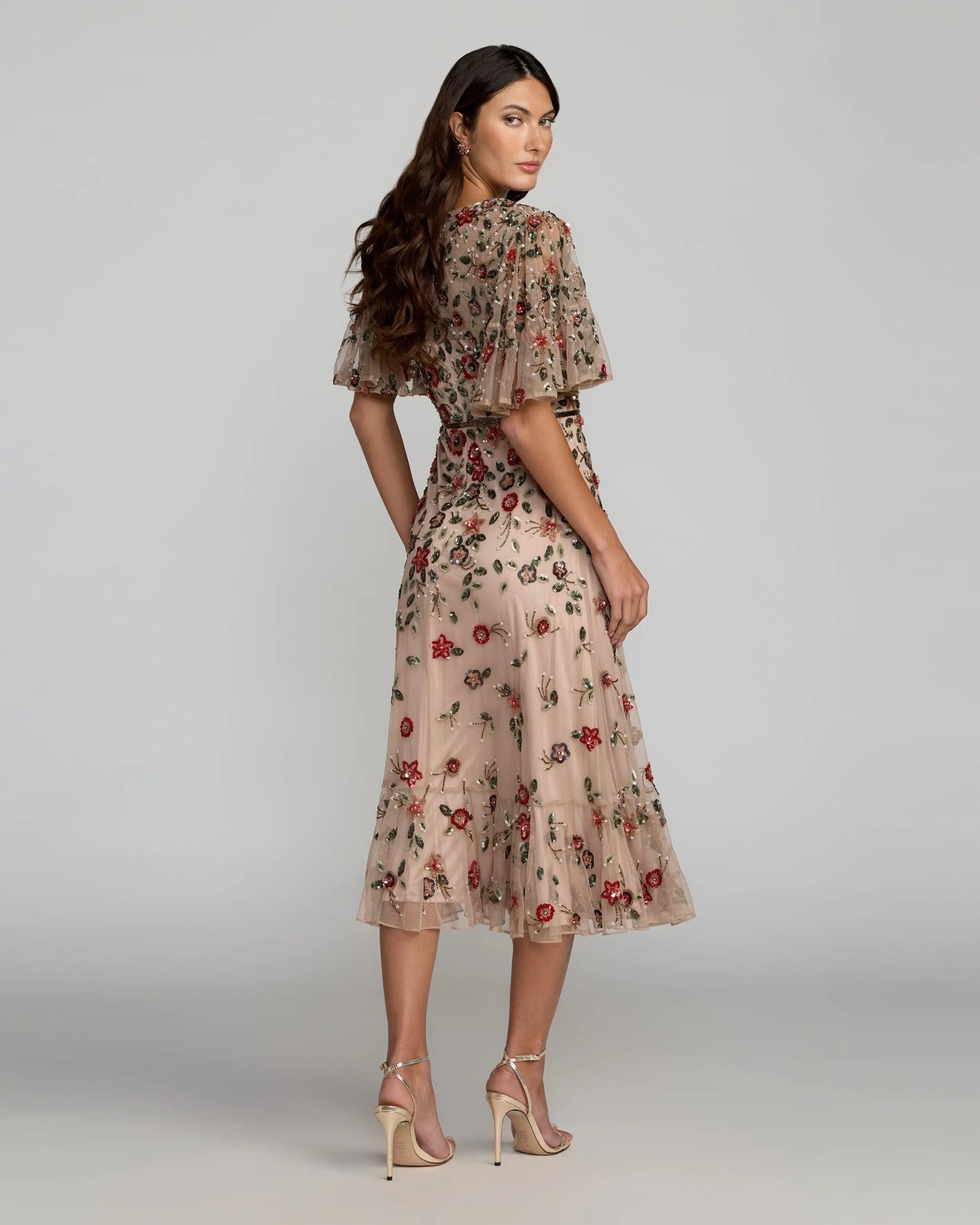 Beige Floral Embellished Flutter Sleeve Midi Dress Mac Duggal