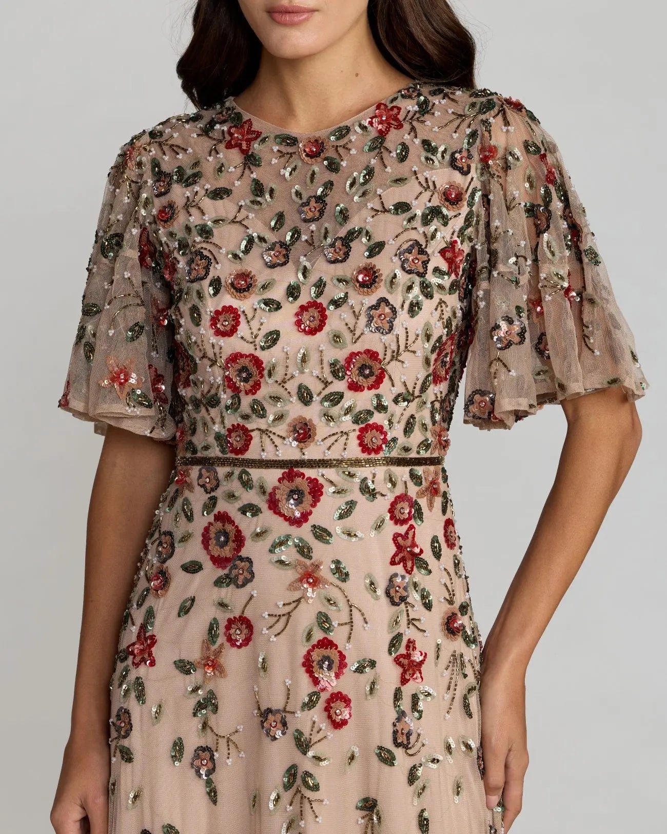 Mac Duggal Women's Floral Embellished Flutter Sleeve Midi Dress - Antique Rose Mac Duggal Women's Floral Embellished Flutter Sleeve Midi Dress - Antique Rose