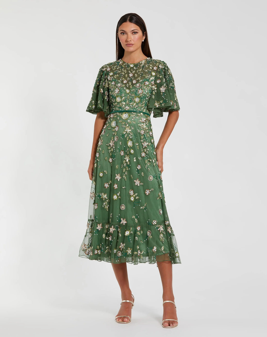 Green Floral Embellished Flutter Sleeve Midi Dress - Mac Duggal