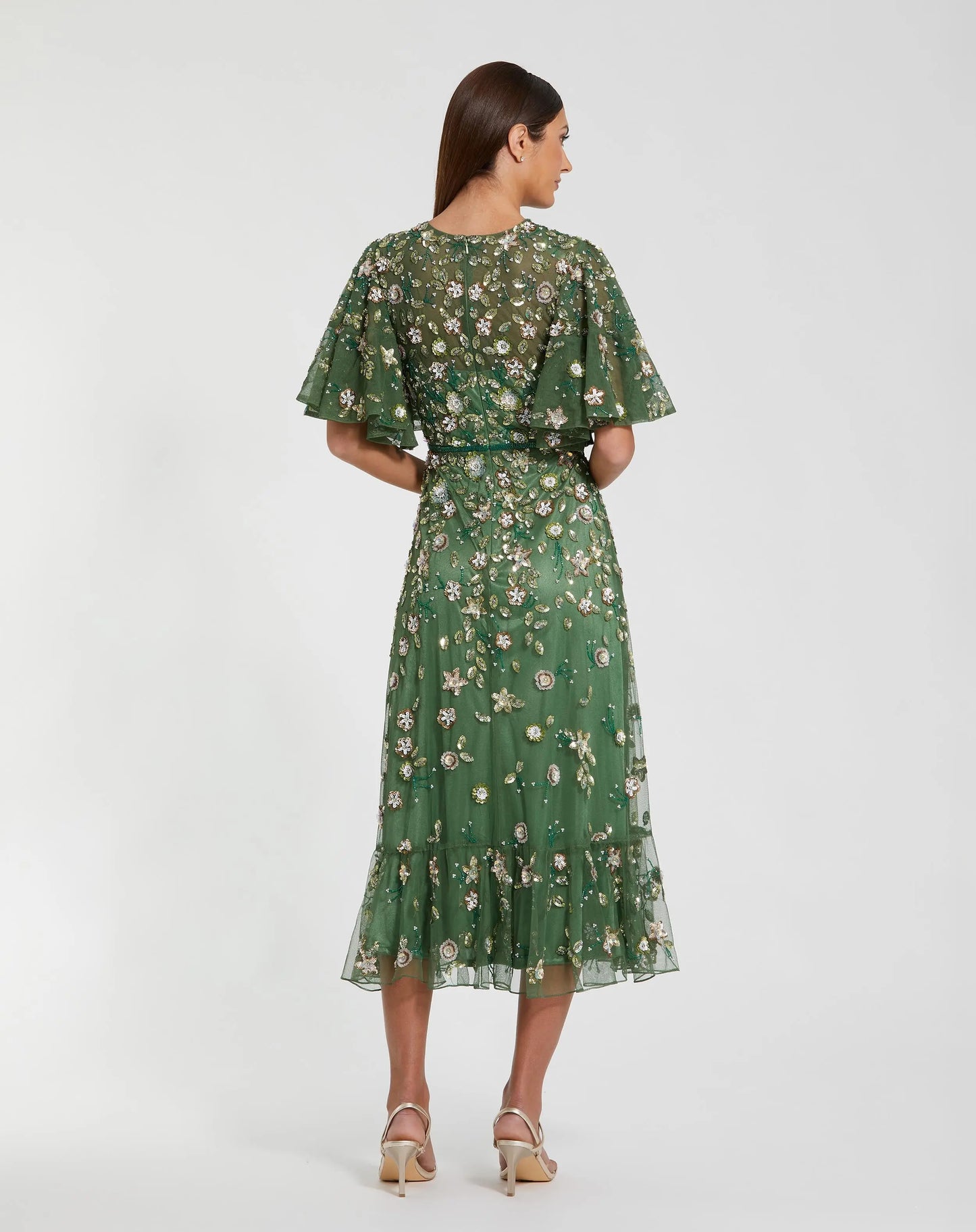 Green Floral Embellished Flutter Sleeve Midi Dress - Mac Duggal