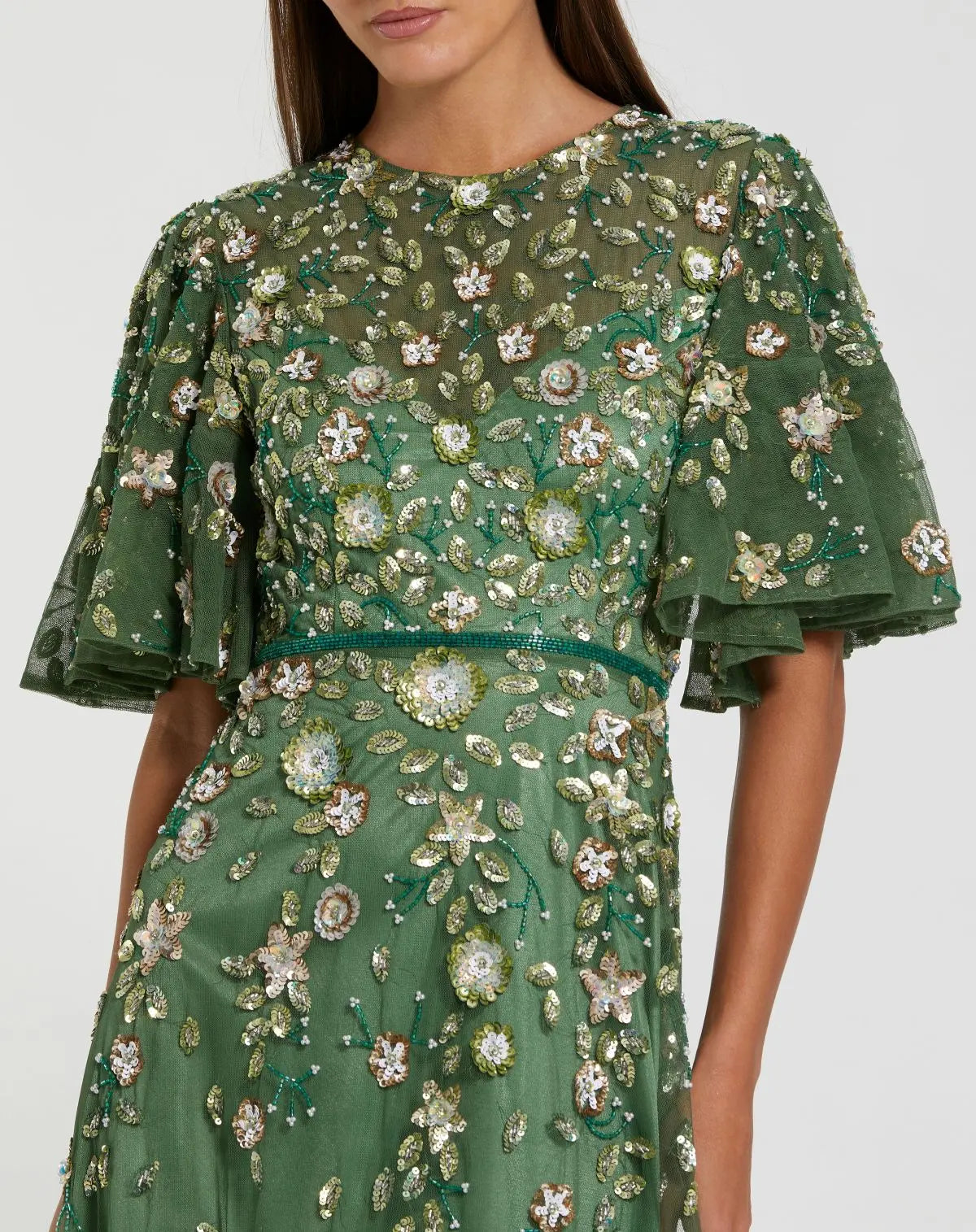 Green Floral Embellished Flutter Sleeve Midi Dress Mac Duggal