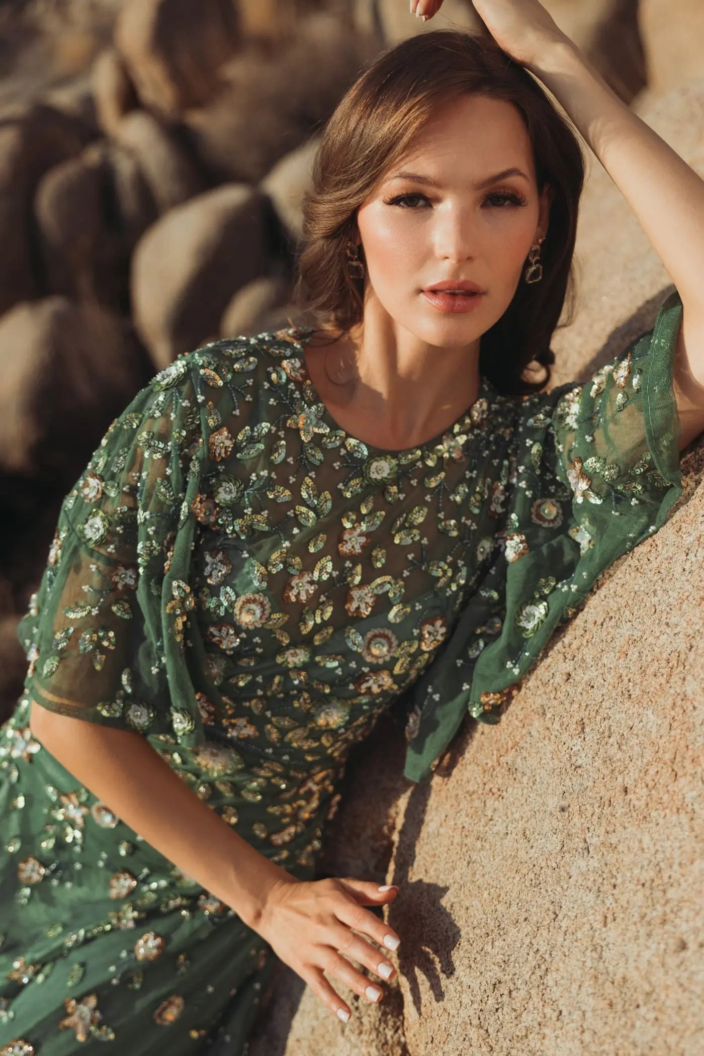 mac duggal sage green dress Long Sleeve High Neck Embellished Gown This exquisite evening gown features a shimmering bodice with sequin Green One Shoulder Hand Embellished