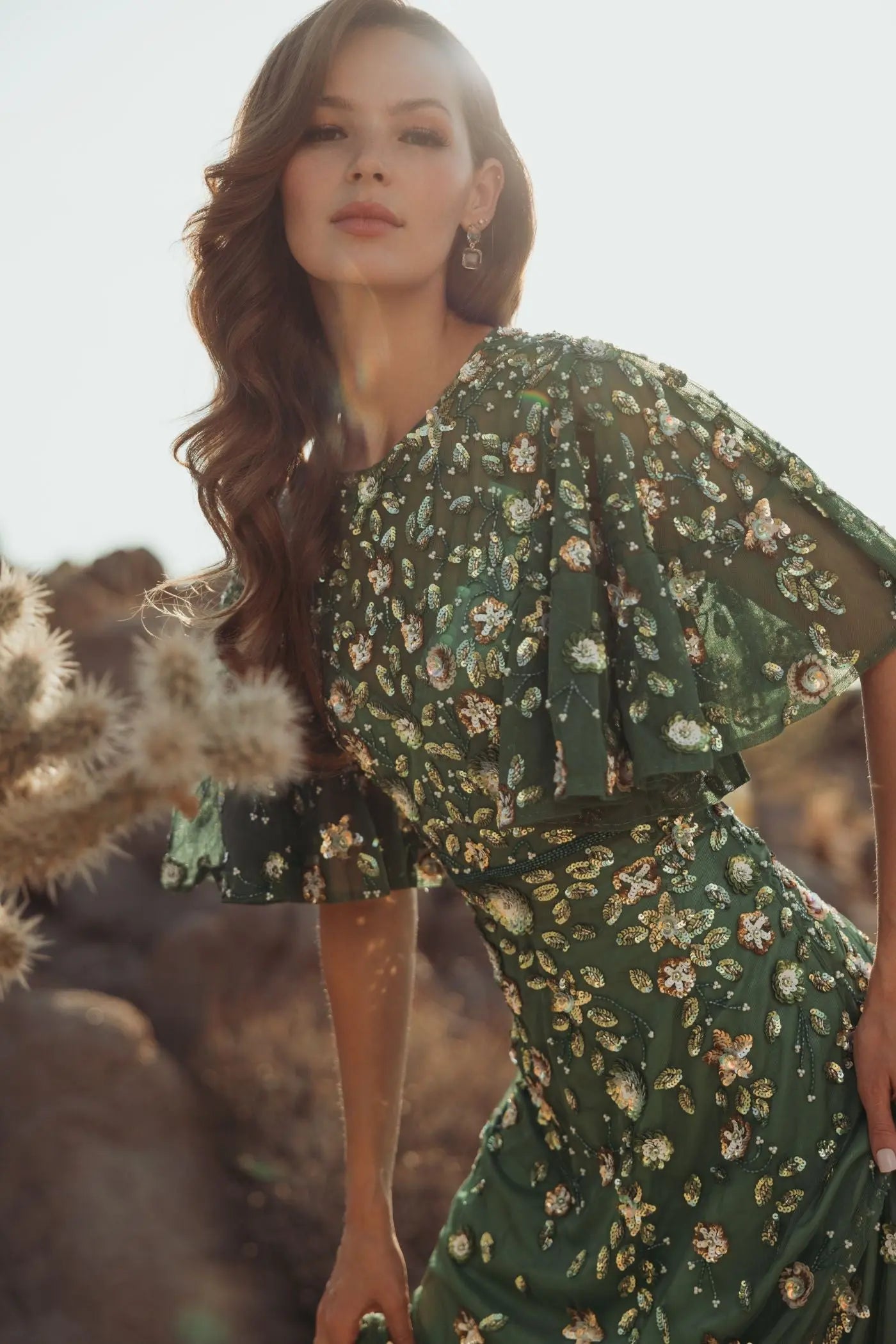 Green Floral Embellished Flutter Sleeve Midi Dress | Mac Duggal Green Floral Embellished Flutter Sleeve Midi Dress | Mac Duggal