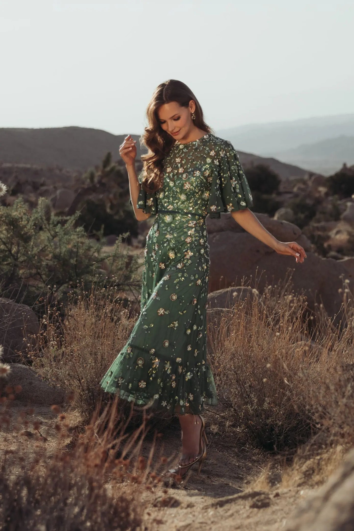 Beige Floral Embellished Flutter Sleeve Midi Dress