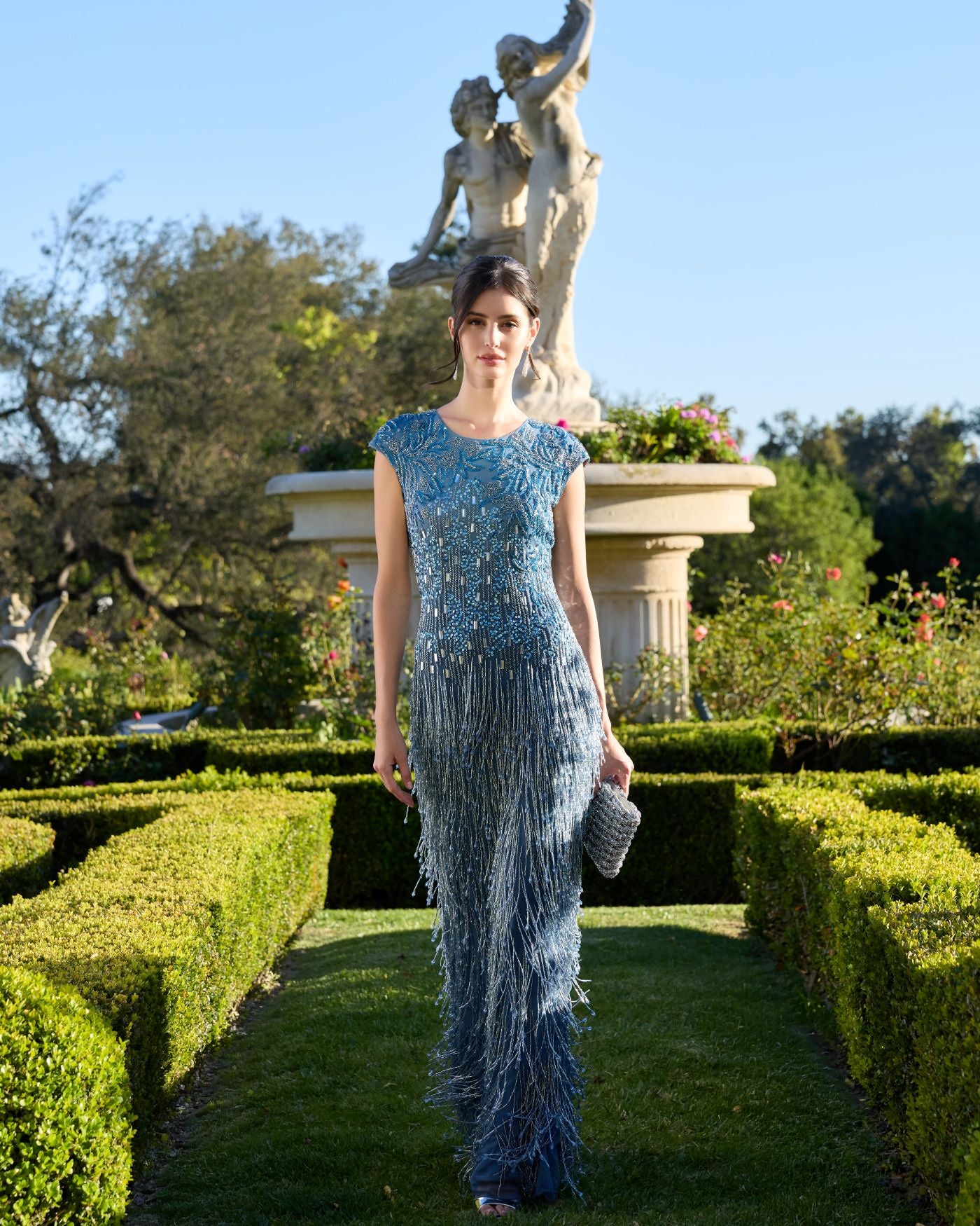 Blue Embellished Cap Sleeve Gown With Fringe Beading Mac Duggal