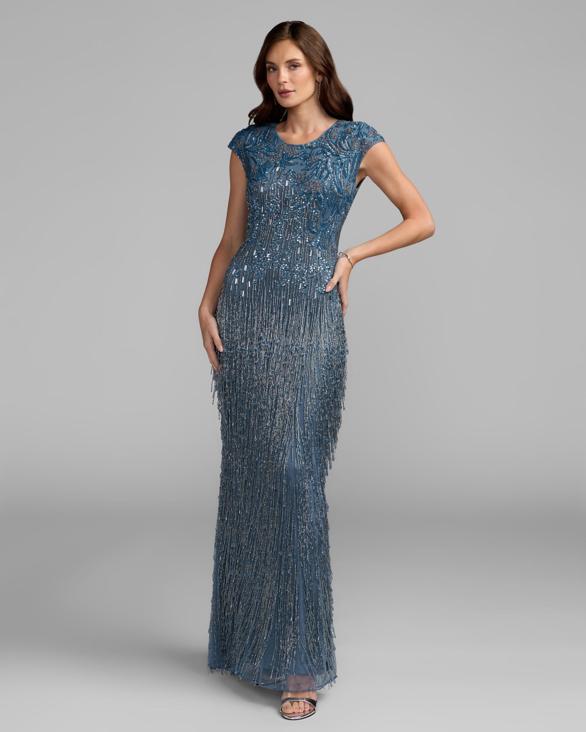 Blue Embellished Cap Sleeve Gown With Fringe Beading Mac Duggal