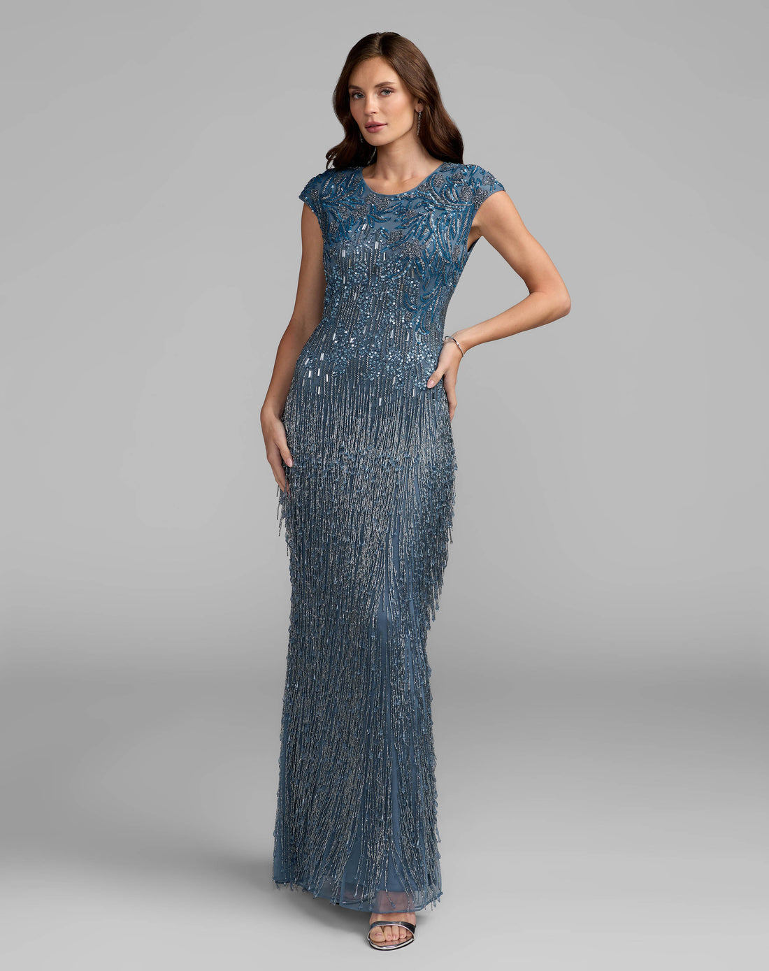 Blue Embellished Cap Sleeve Gown With Fringe Beading Mac Duggal