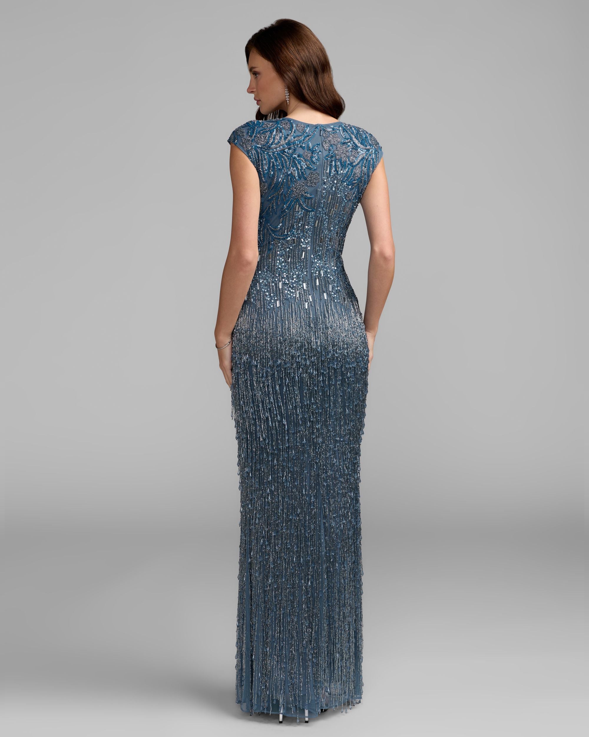 Blue Embellished Cap Sleeve Gown With Fringe Beading Mac Duggal
