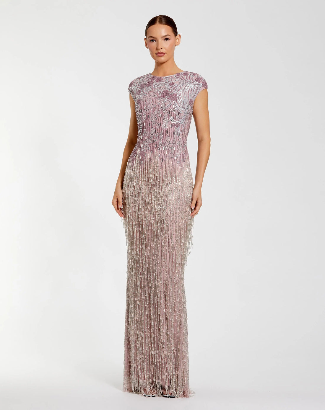 Purple Embellished Cap Sleeve Gown With Fringe Beading
