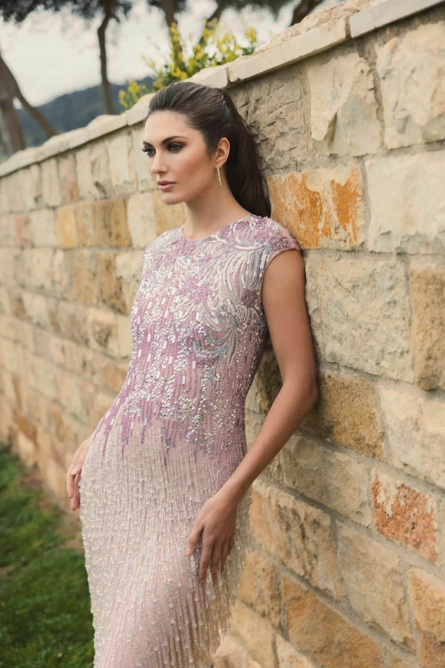 Purple Embellished Cap Sleeve Gown With Fringe Beading Purple Embellished Cap Sleeve Gown With Fringe Beading