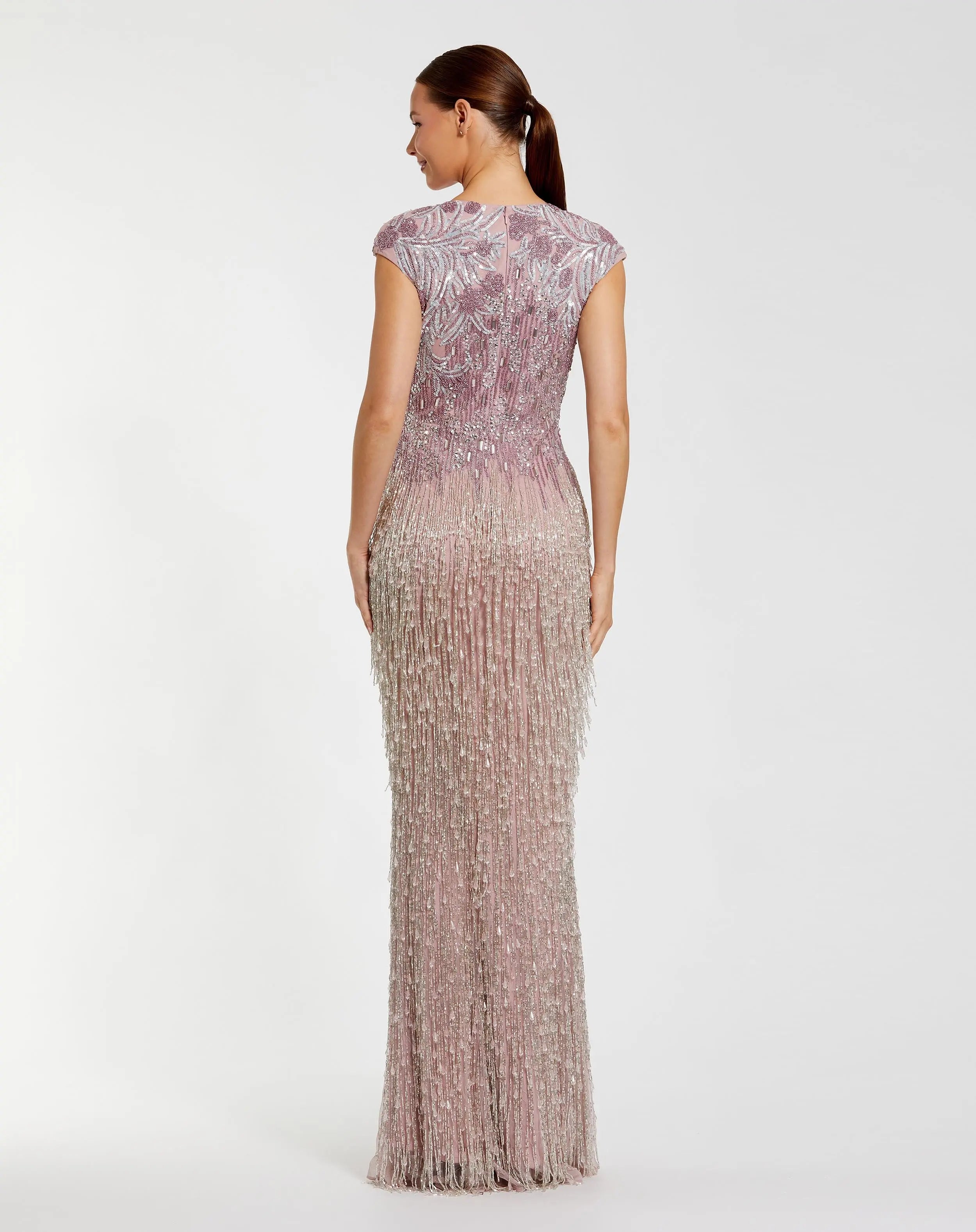 Purple Embellished Cap Sleeve Gown With Fringe Beading - Mac Duggal