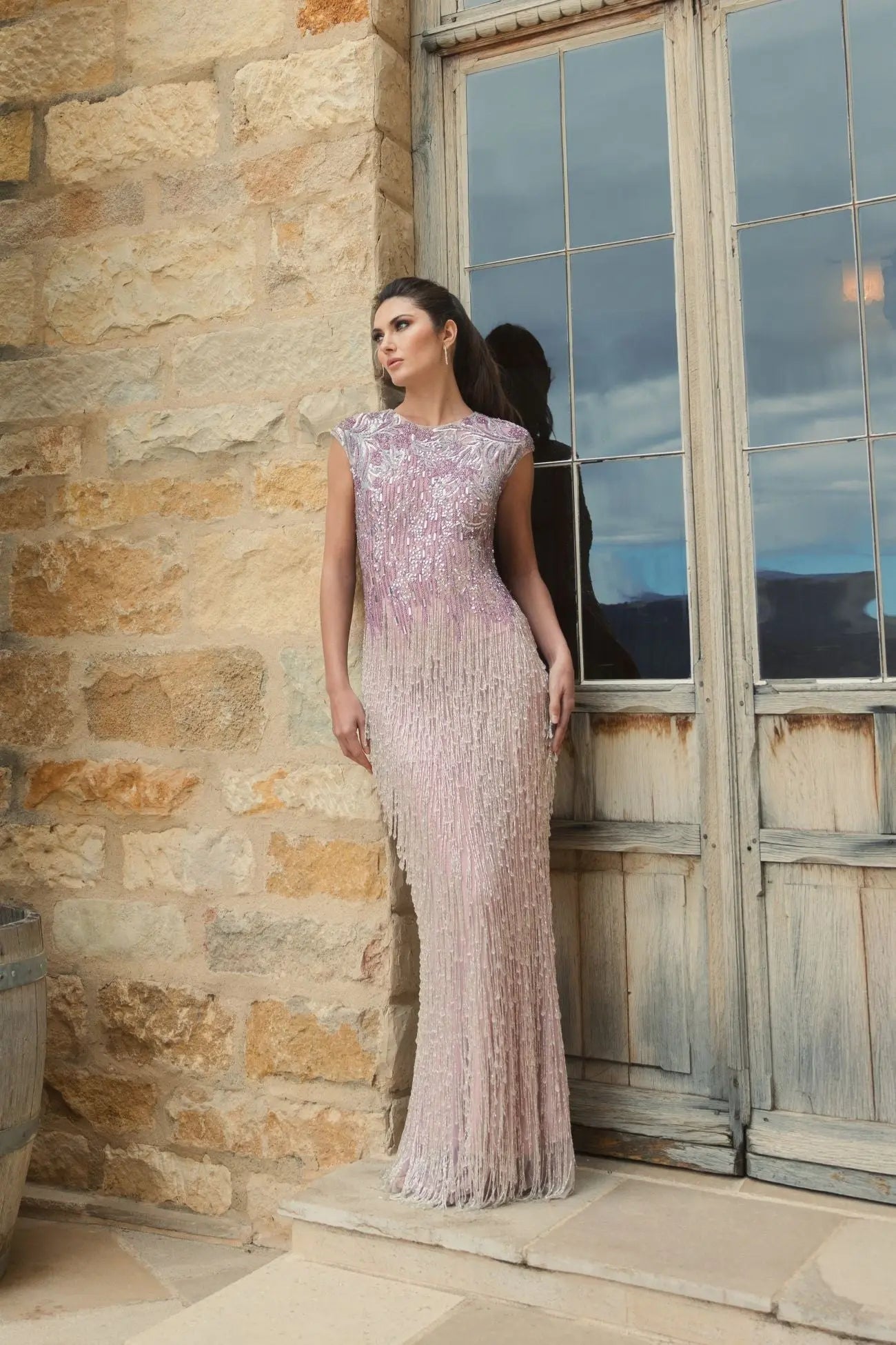 Purple Embellished Cap Sleeve Gown With Fringe Beading Purple Embellished Cap Sleeve Gown With Fringe Beading