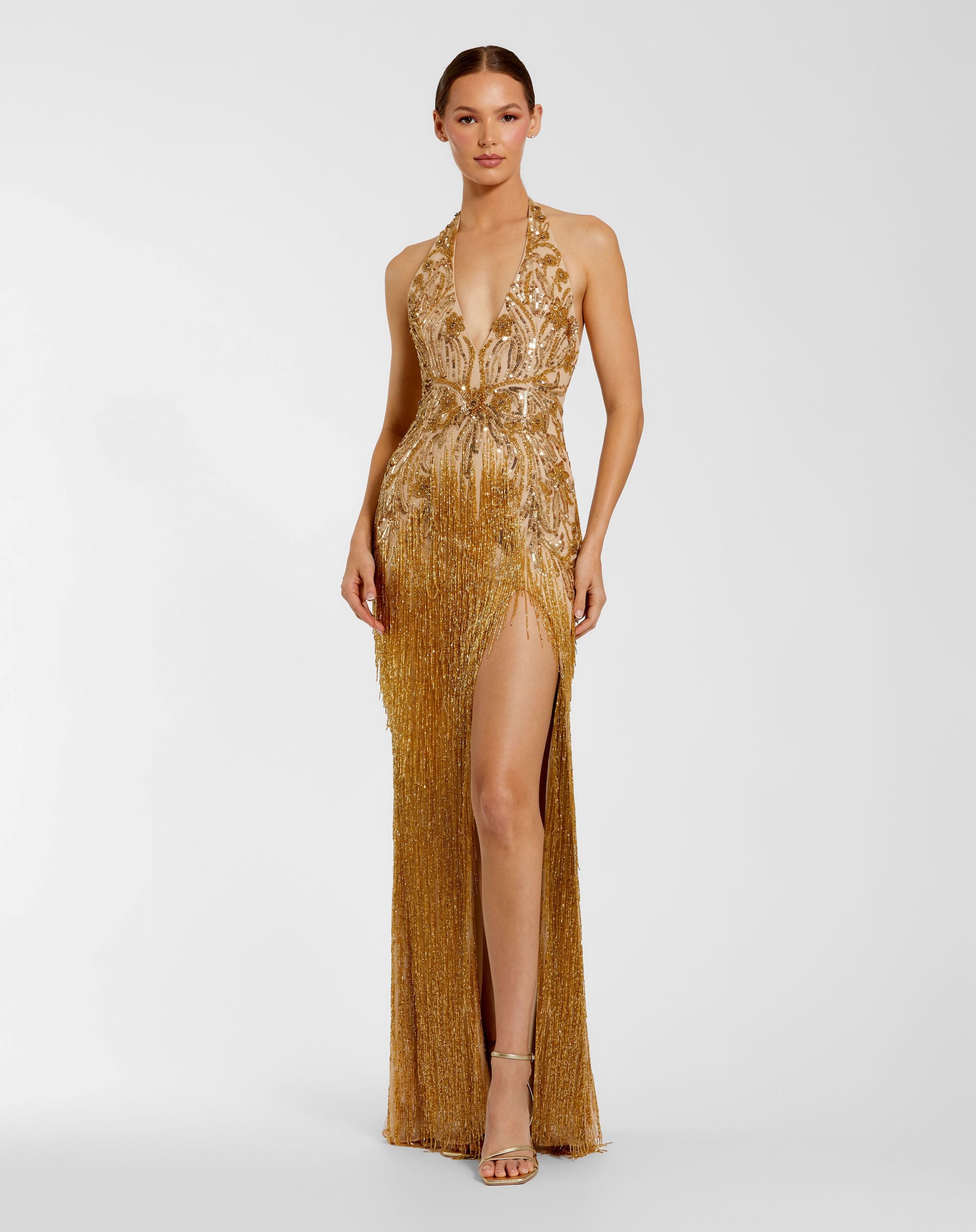 Gold Embellished Halter Gown with Beaded Fringe - Mac Duggal