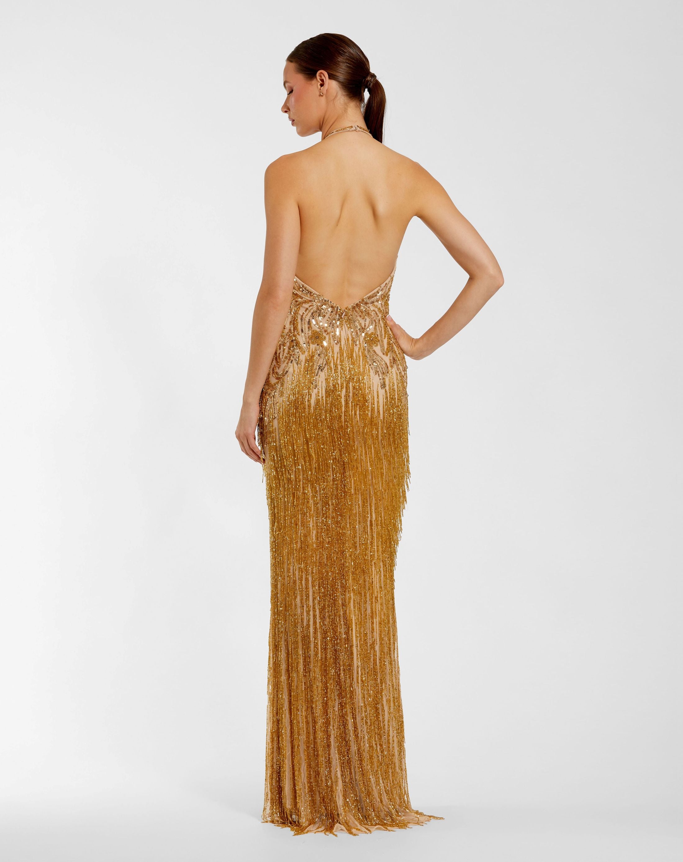 Gold Embellished Halter Gown with Beaded Fringe - Mac Duggal