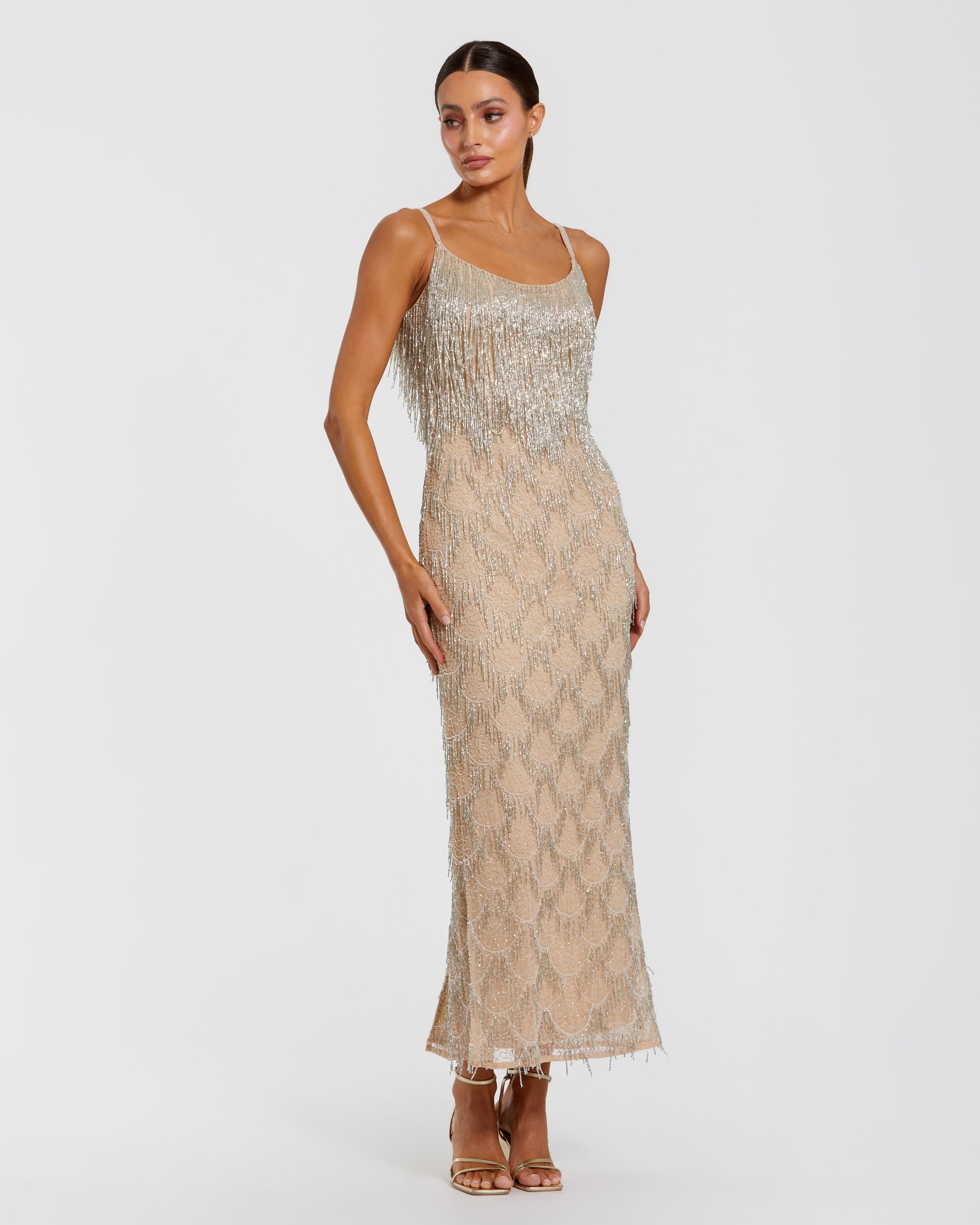 Nude Beaded Fringe Column Maxi Dress Mac Duggal