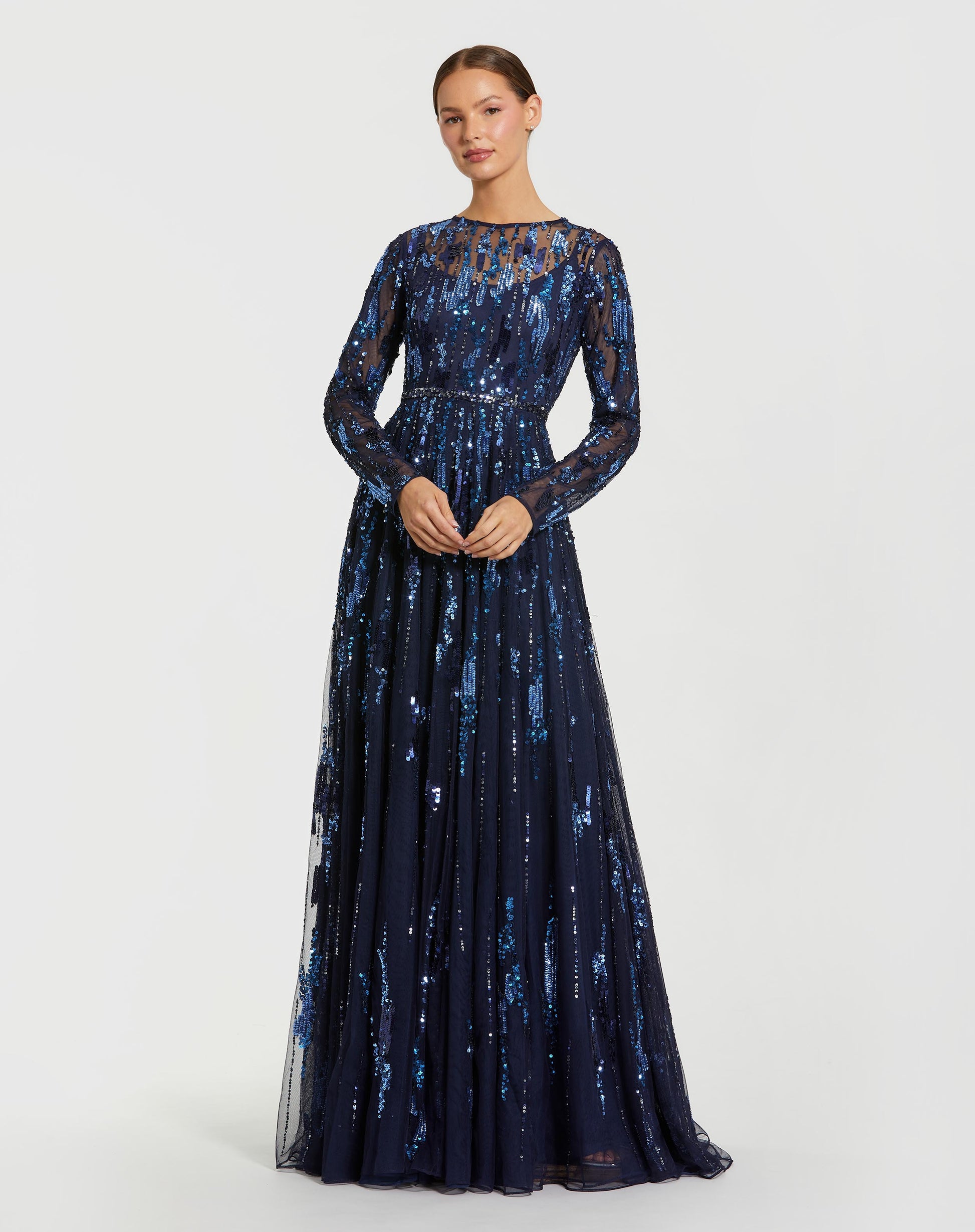 Navy Long Sleeve Sequin Embellished Gown Mac Duggal