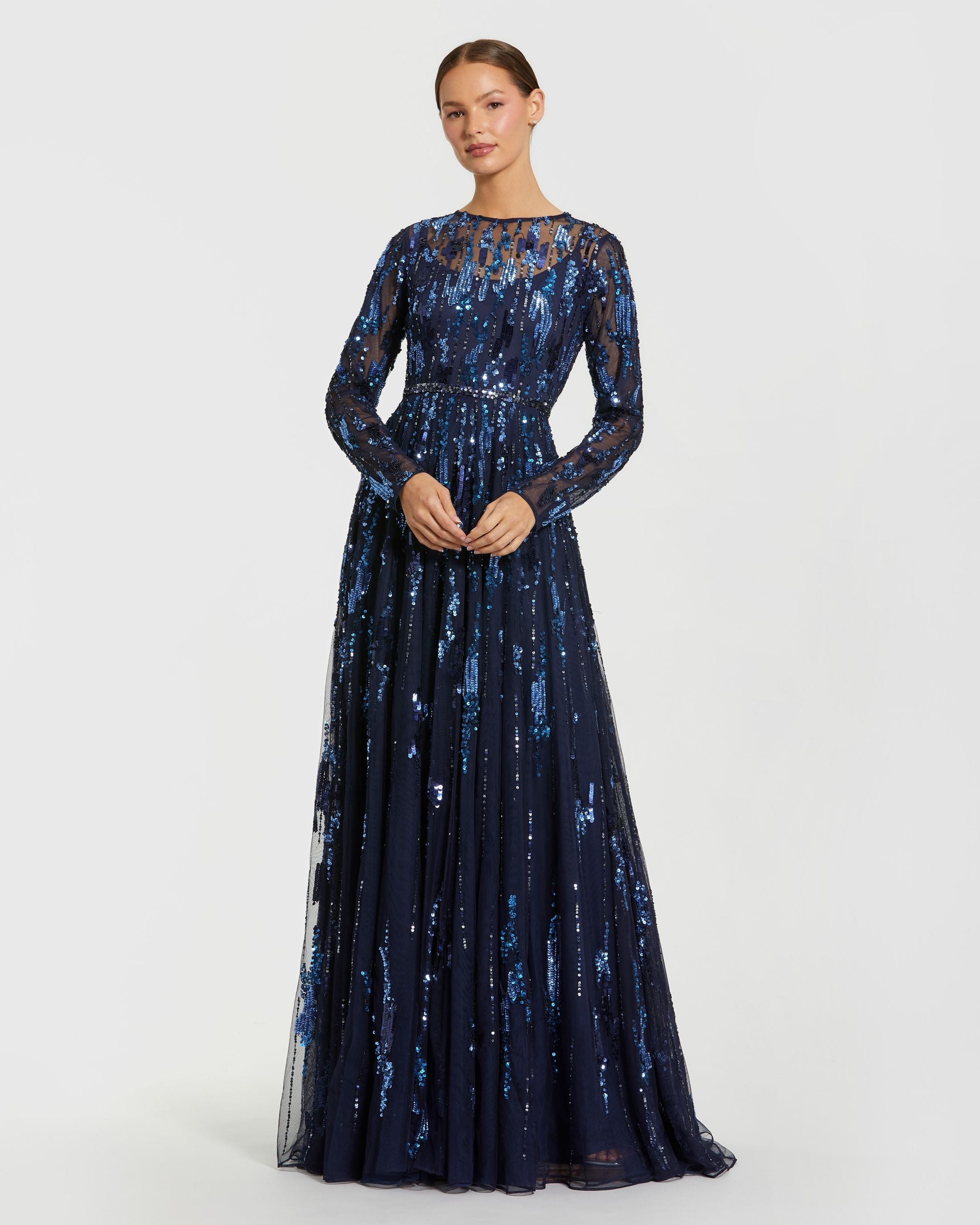 Navy Long Sleeve Sequin Embellished Gown Mac Duggal