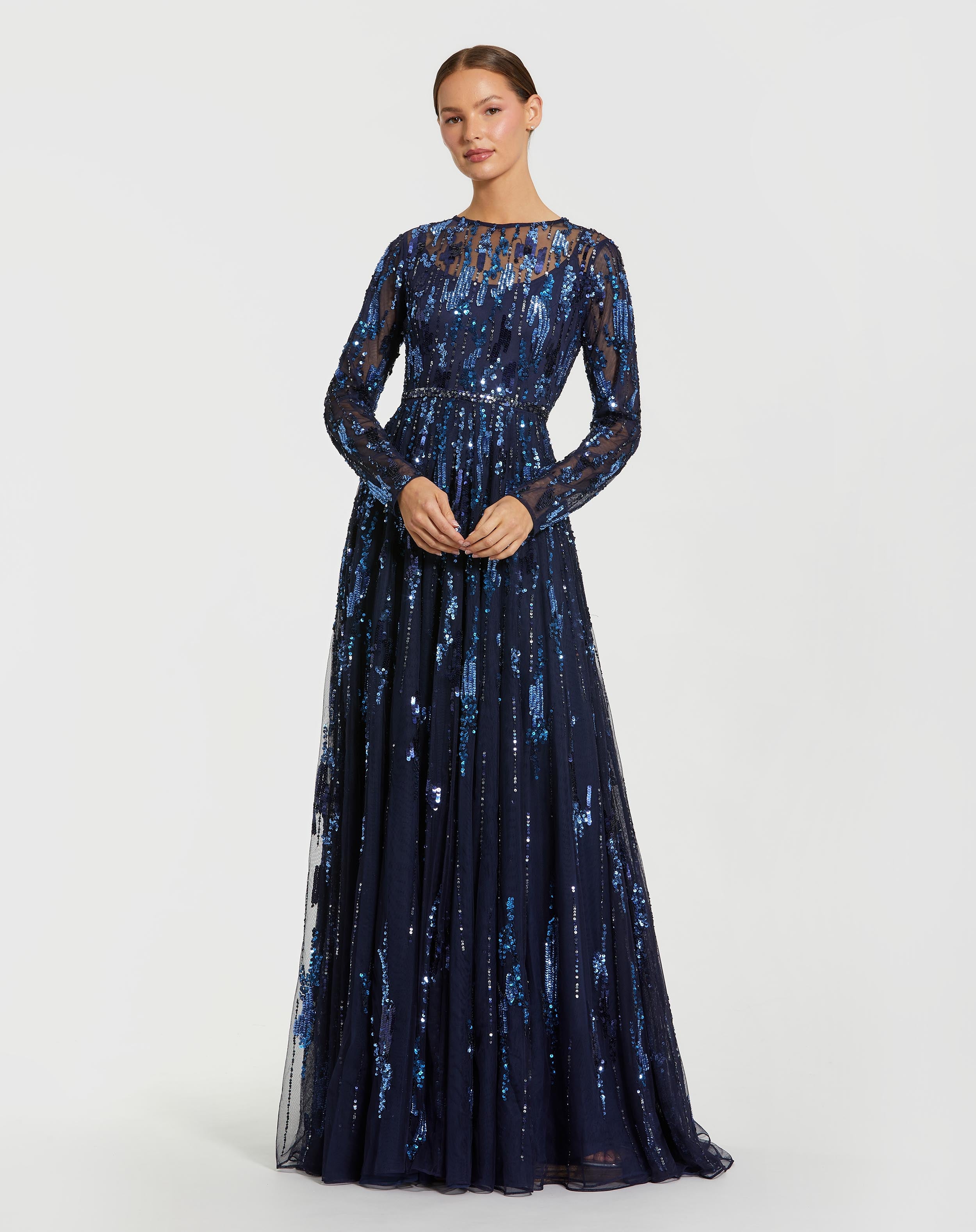 Navy Long Sleeve Sequin Embellished Gown Mac Duggal