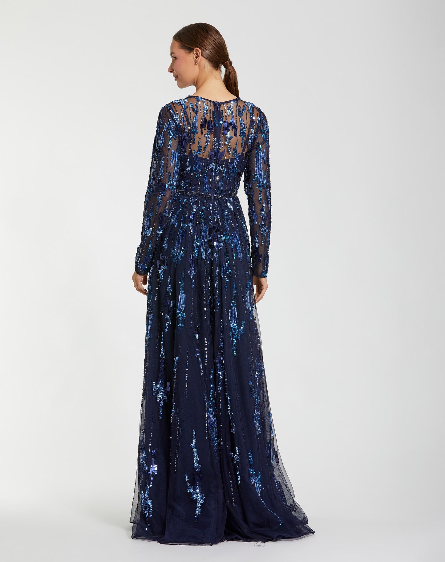 Navy Long Sleeve Sequin Embellished Gown Mac Duggal