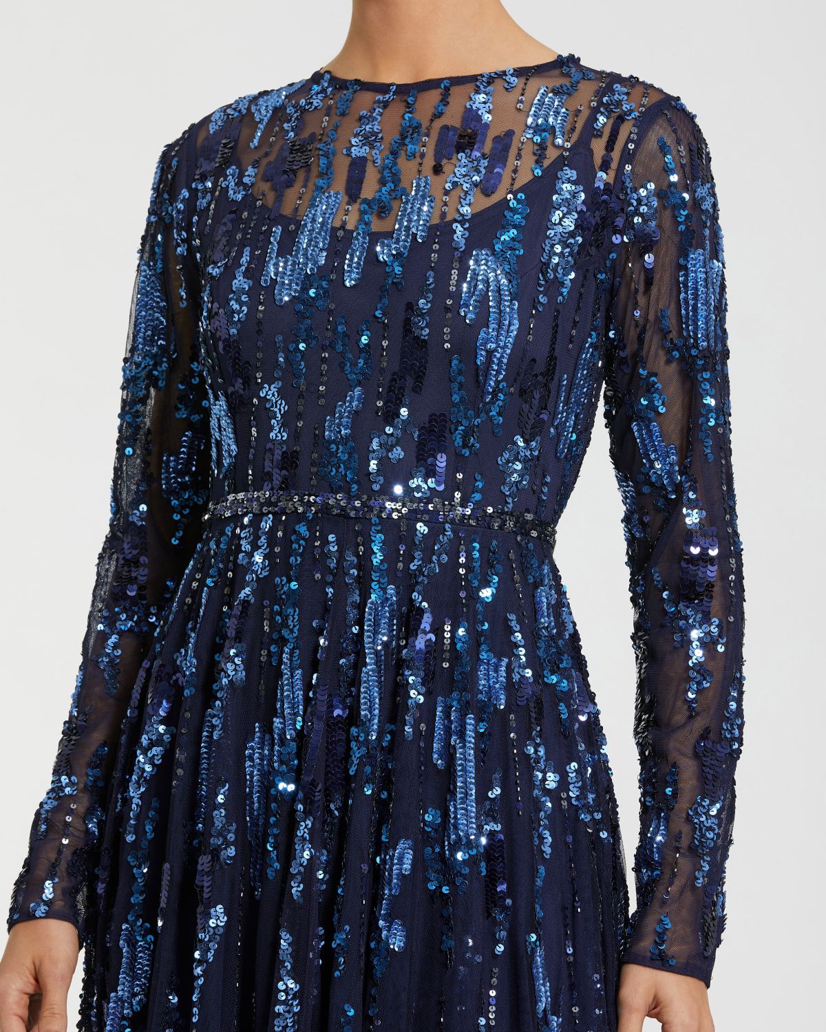 Navy Long Sleeve Sequin Embellished Gown Mac Duggal
