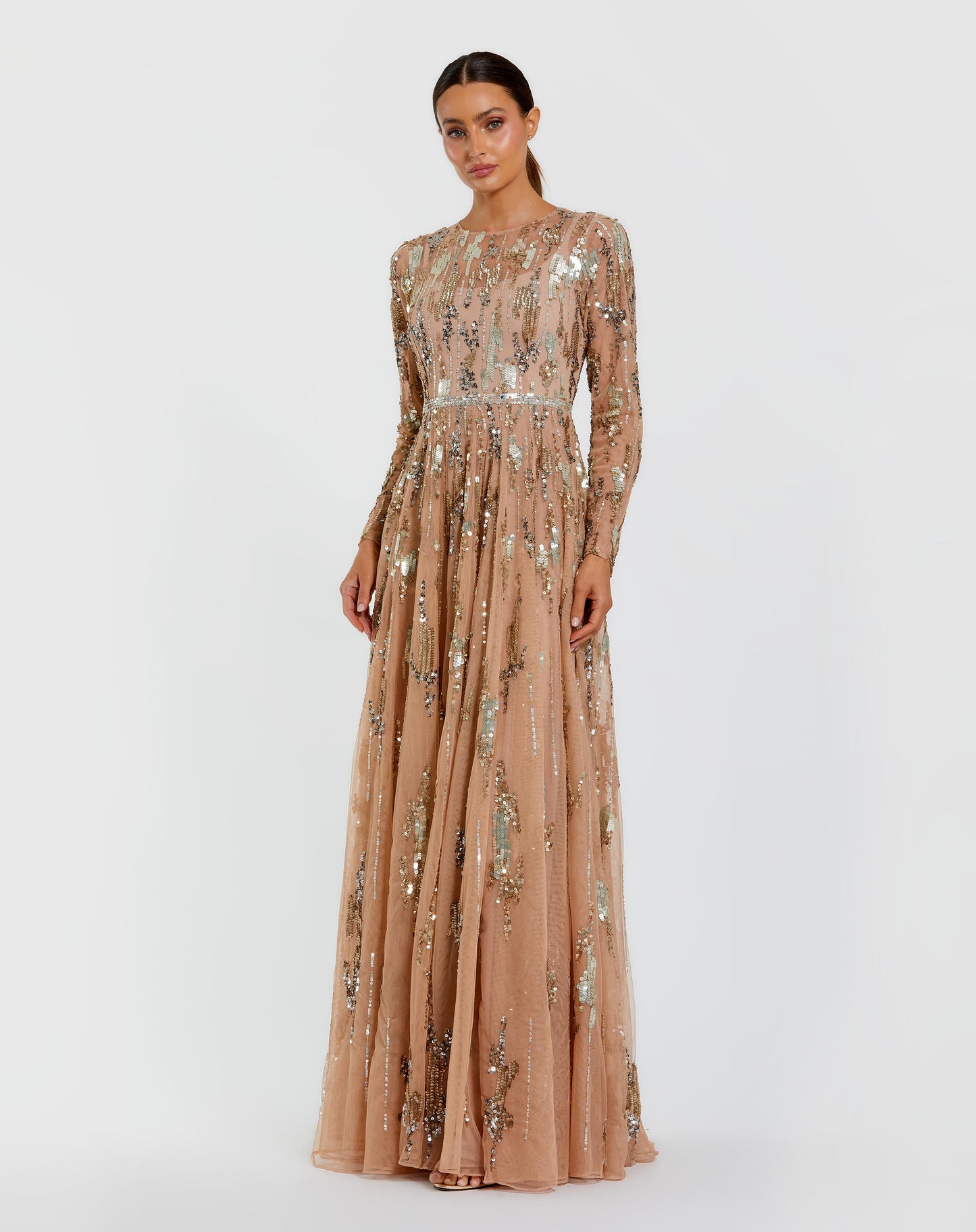 Beige Long Sleeve Sequin Embellished Gown Mac Duggal