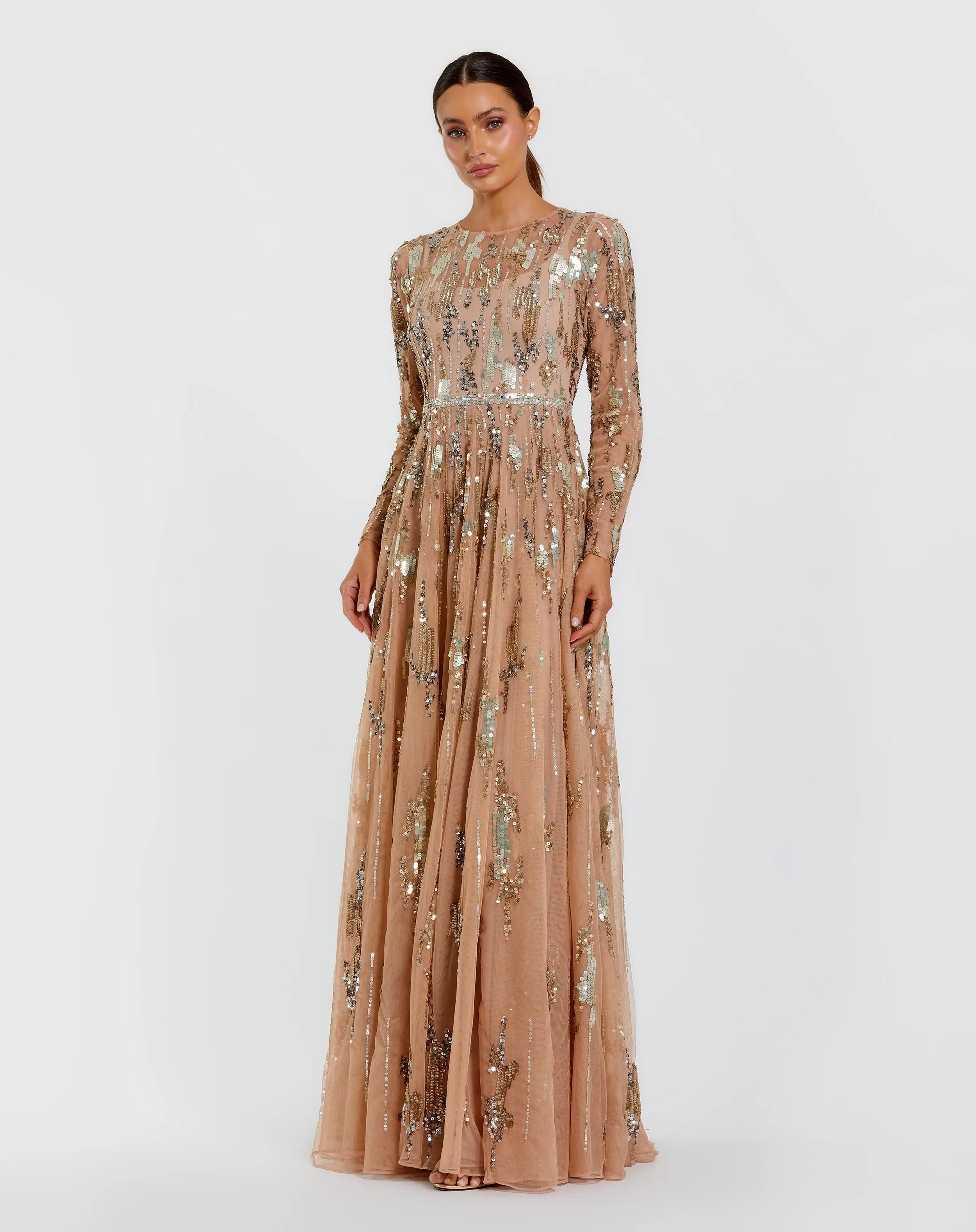 Beige Long Sleeve Sequin Embellished Gown Mac Duggal
