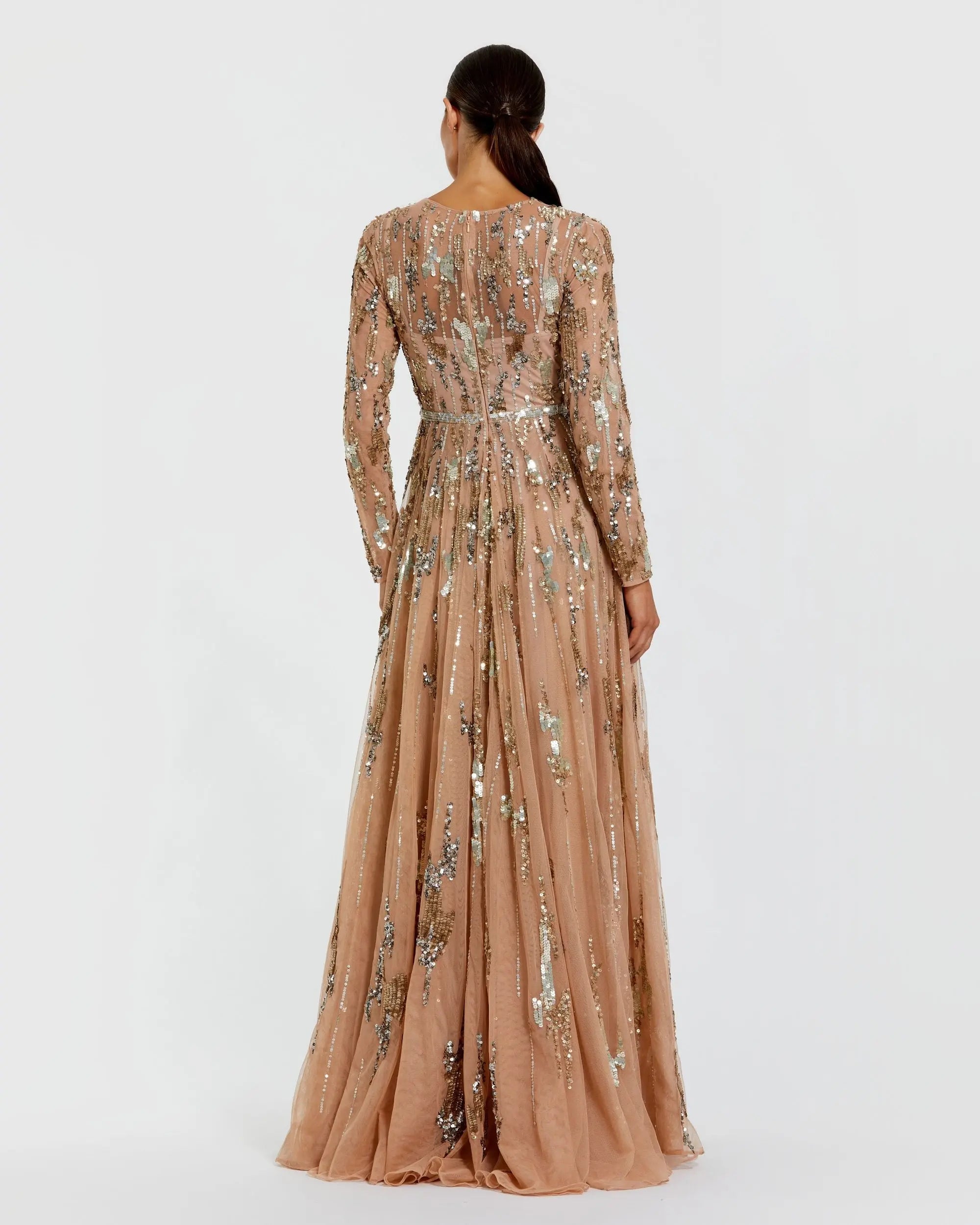 Beige Long Sleeve Sequin Embellished Gown Mac Duggal