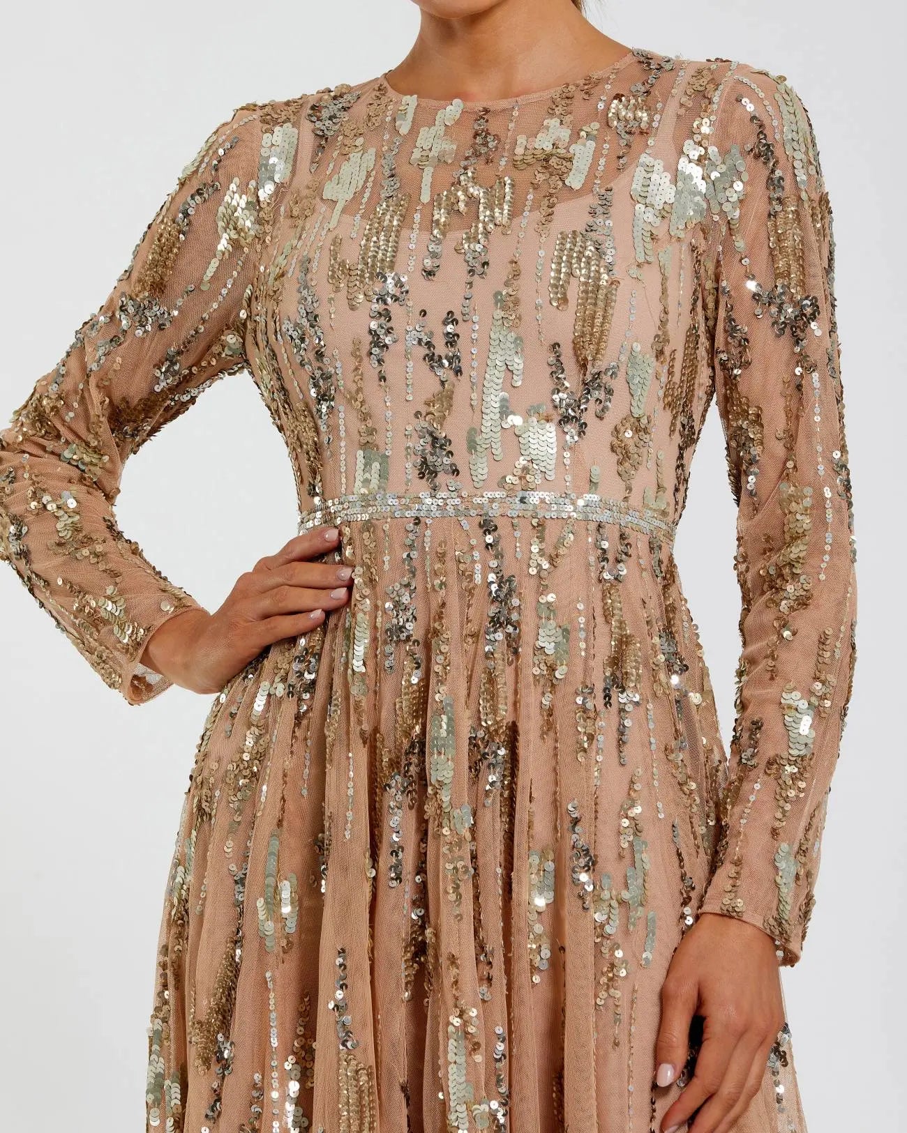 Beige Long Sleeve Sequin Embellished Gown Mac Duggal