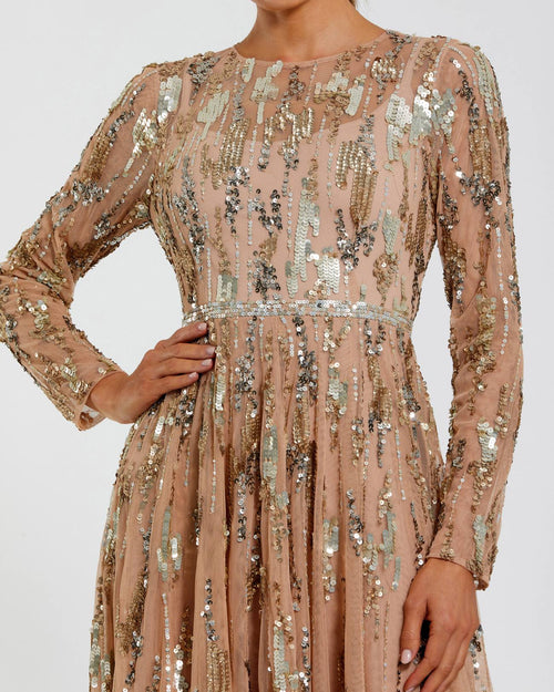 Beige Long Sleeve Sequin Embellished Gown Mac Duggal