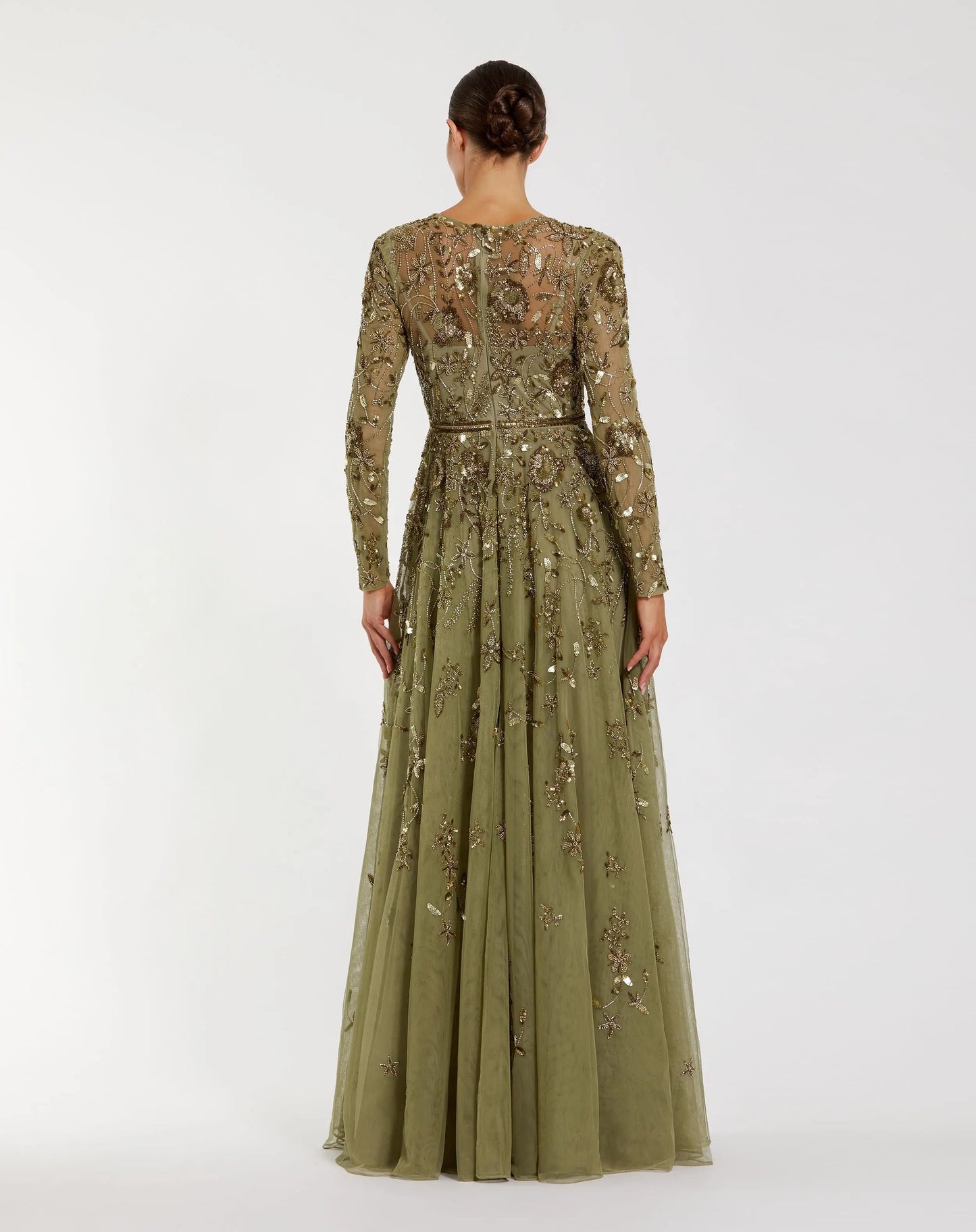 Green Long Sleeve Floral Embellished A-line Gown - Mac Duggal