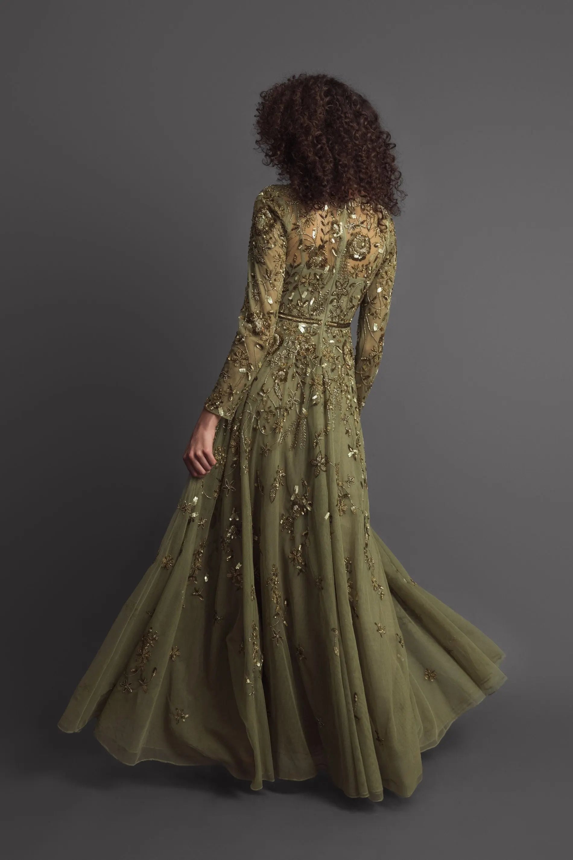 Green Long Sleeve Floral Embellished A-line Gown - Mac Duggal