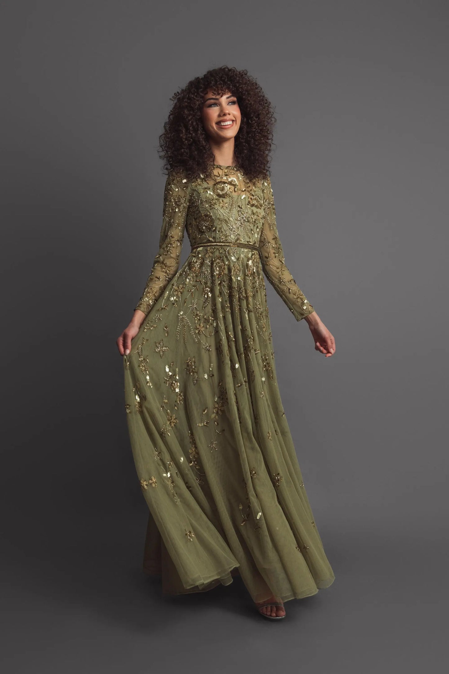Green Long Sleeve Floral Embellished A-line Gown - Mac Duggal