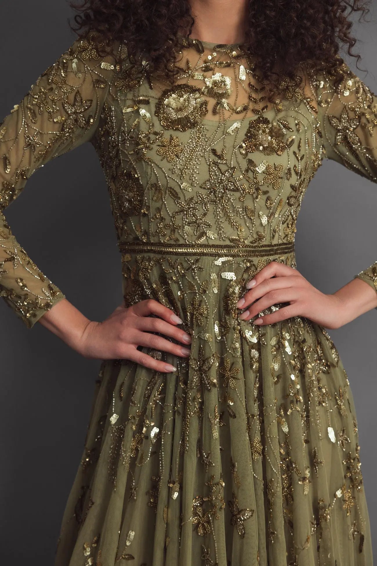 Green Long Sleeve Floral Embellished A-line Gown - Mac Duggal